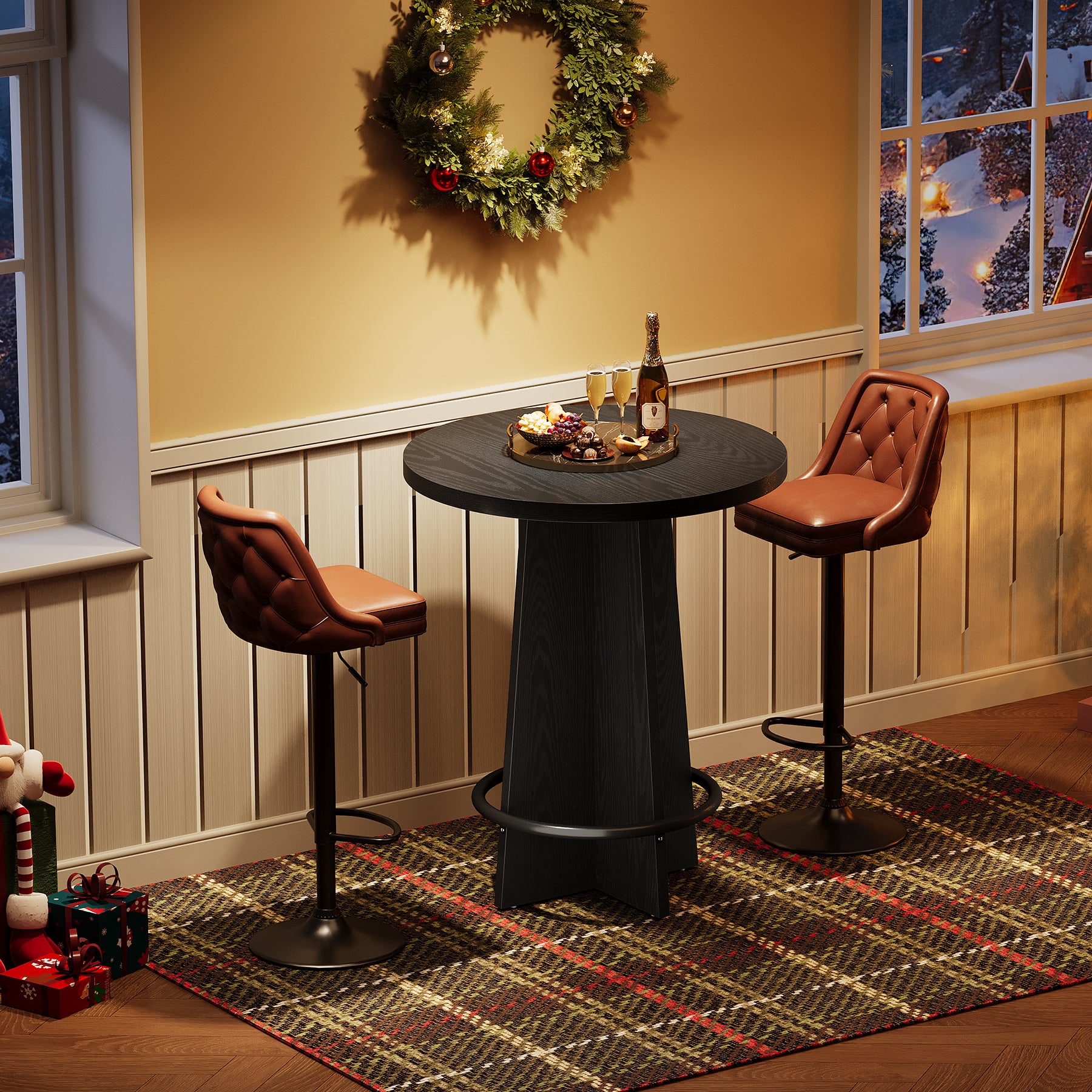 37.4-Inch Round Bar Table with Wooden Cross Base, Compact Pub Table with Ring Footrest