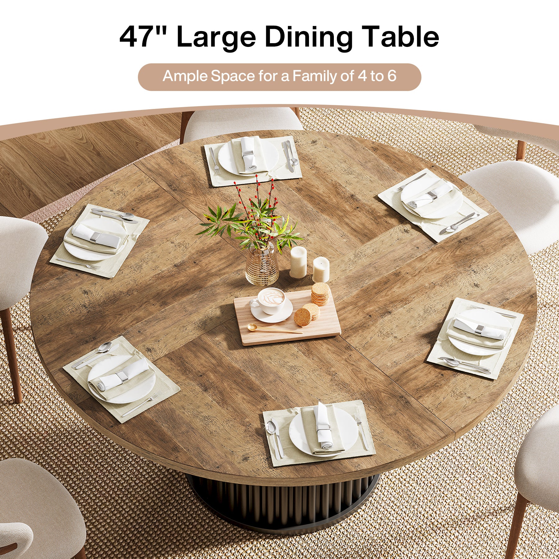 47" Round Dining Table for 4–6 People, Modern Farmhouse Kitchen Table with Fluted Pedestal Base
