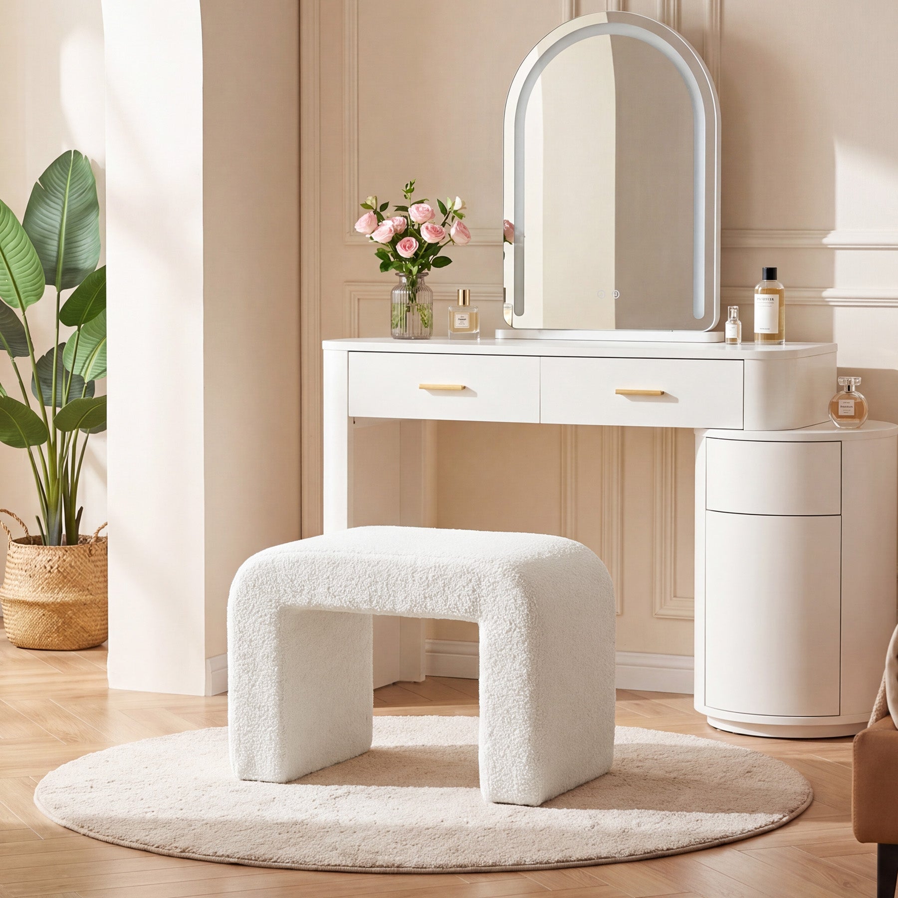 23.62-Inch Modern Vanity Stool with Faux Cashmere Upholstery, Arched Ottoman Footstool