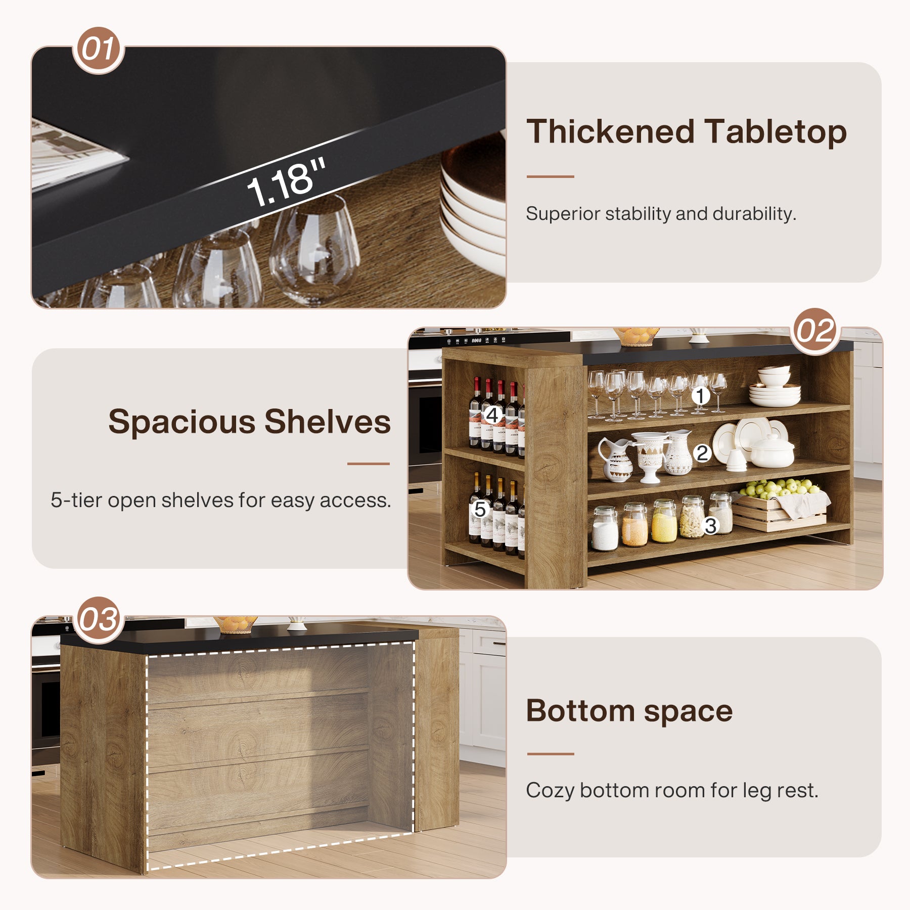 55.12-Inch Kitchen Island with 5-Tier Storage Shelves and Large Countertop, Farmhouse Coffee Bar Table for Kitchen