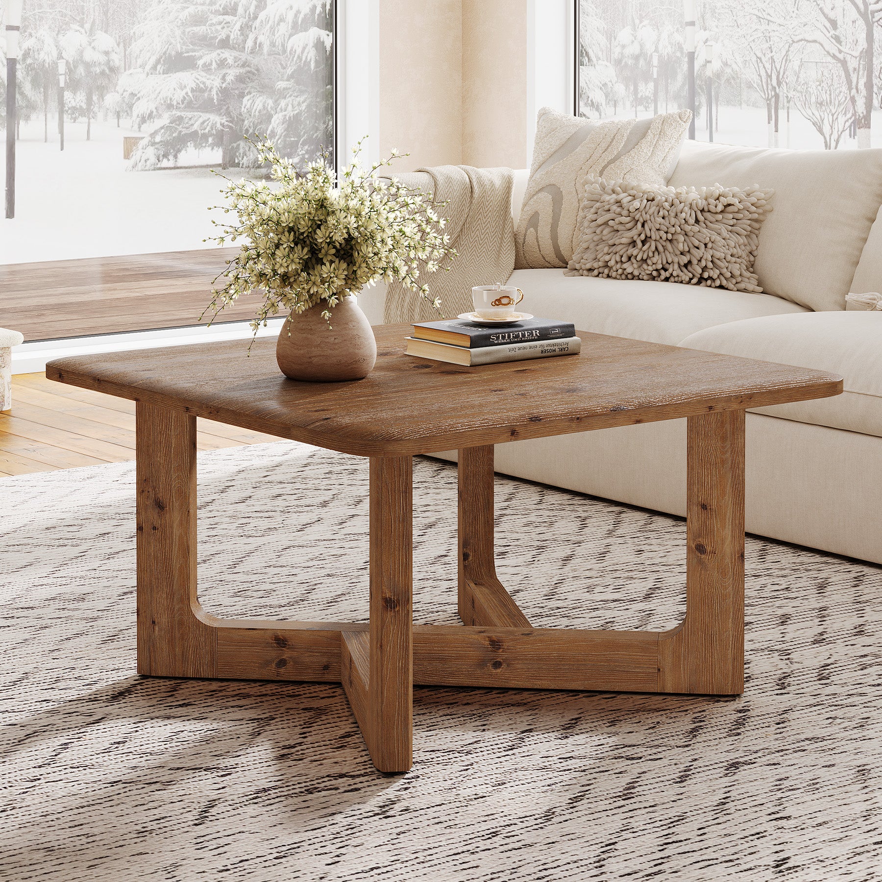 Tribesigns 31.5 Inch Square Solid Wood Coffee Table, Farmhouse Living Room Table with Sturdy Base