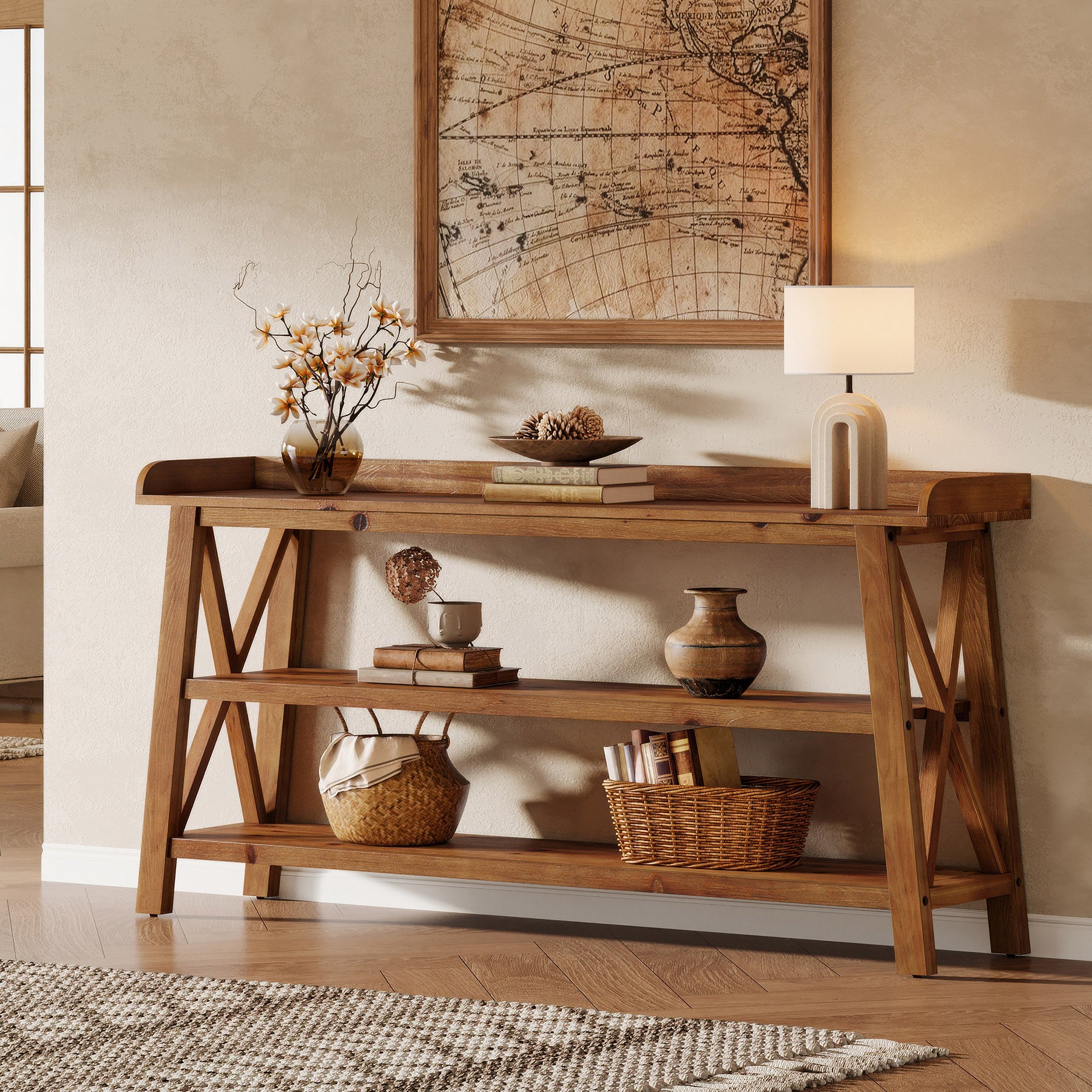 Tribesigns 63-Inch Solid Wood Console Table with X-Frame, 3-Tier Hallway Table for Living Room