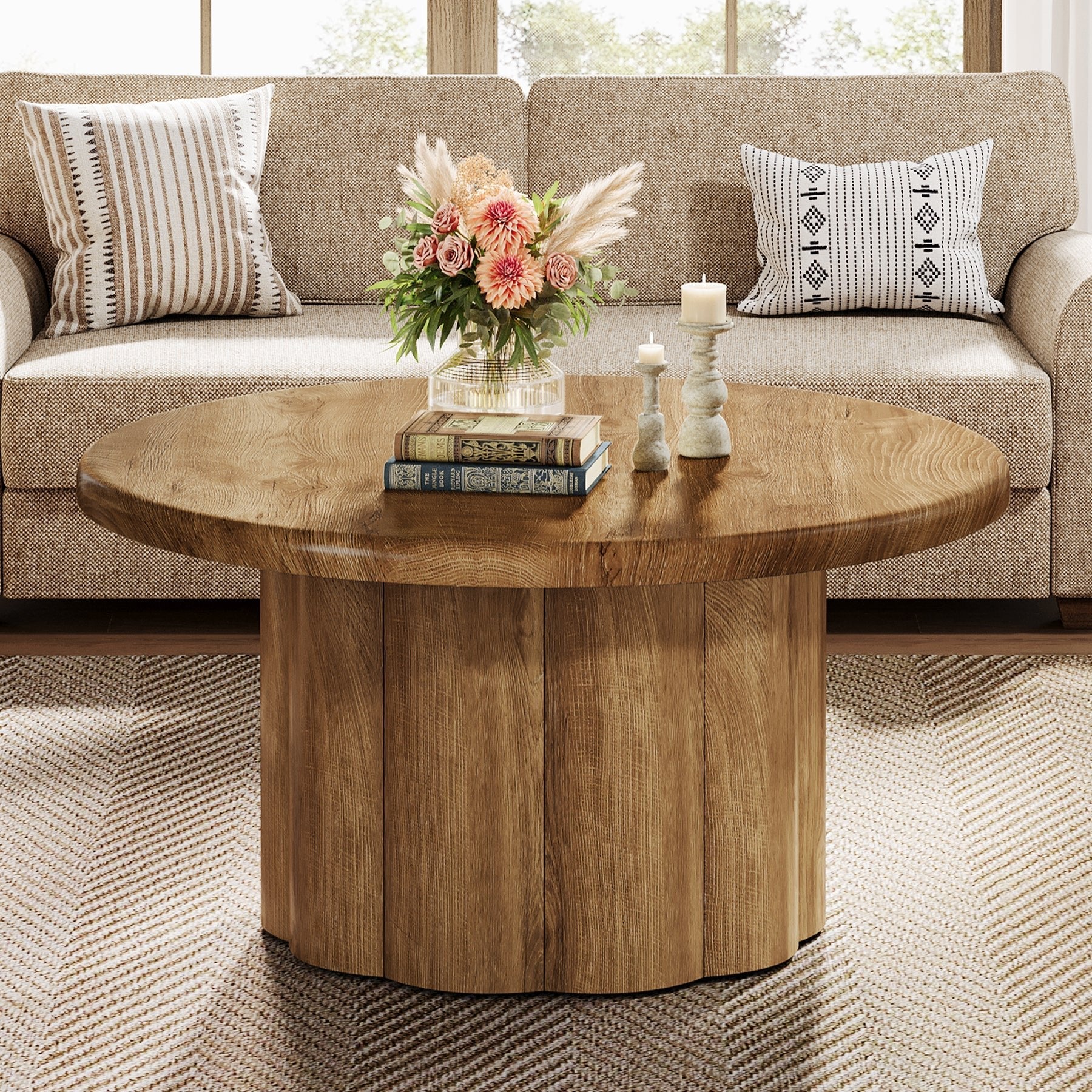 Rustic Fluted Drum Table,31.5" Round Farmhouse Center Table for Cozy Living
