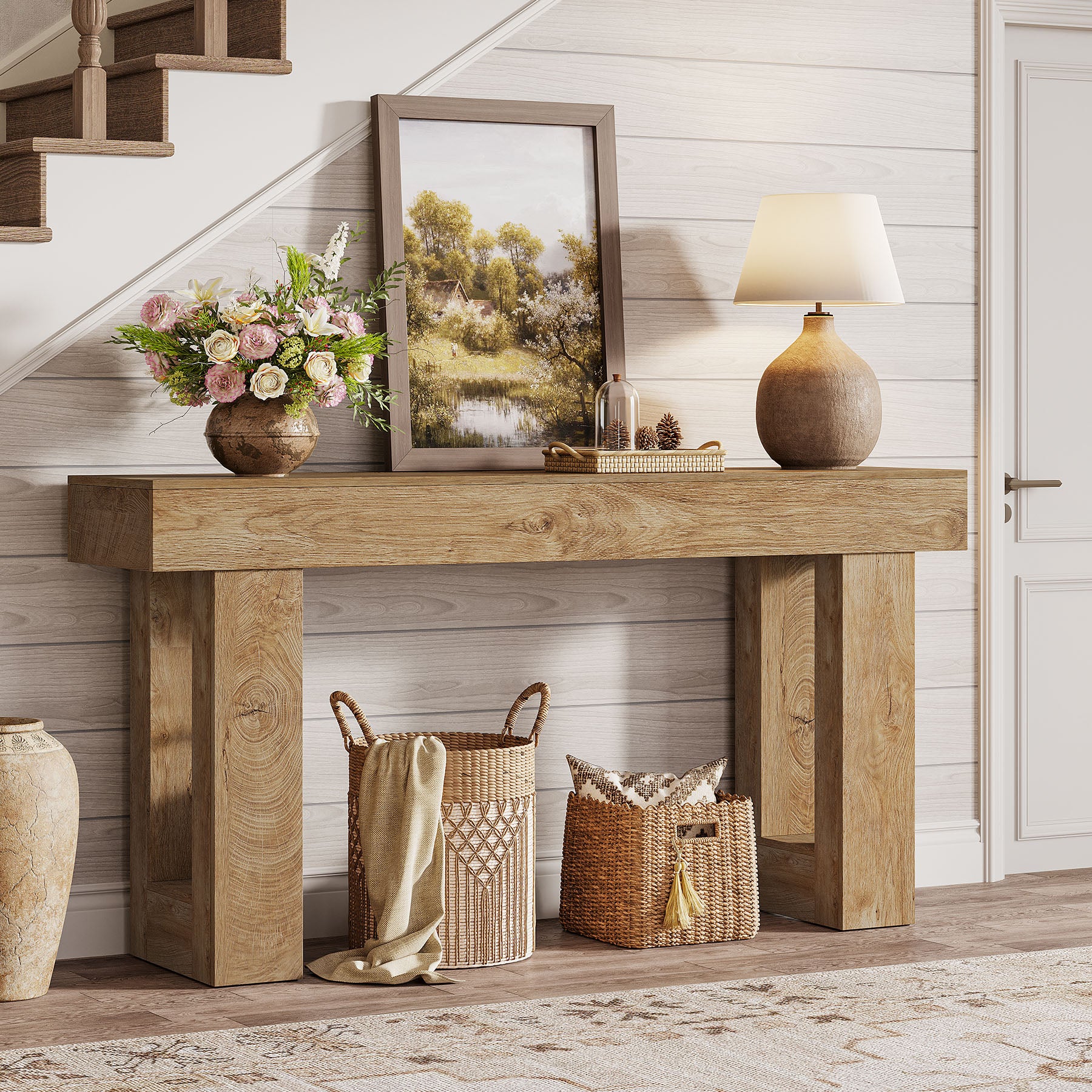 63" Farmhouse Console Table, Rectangular Wooden Accent Table for Entryway and Living Room