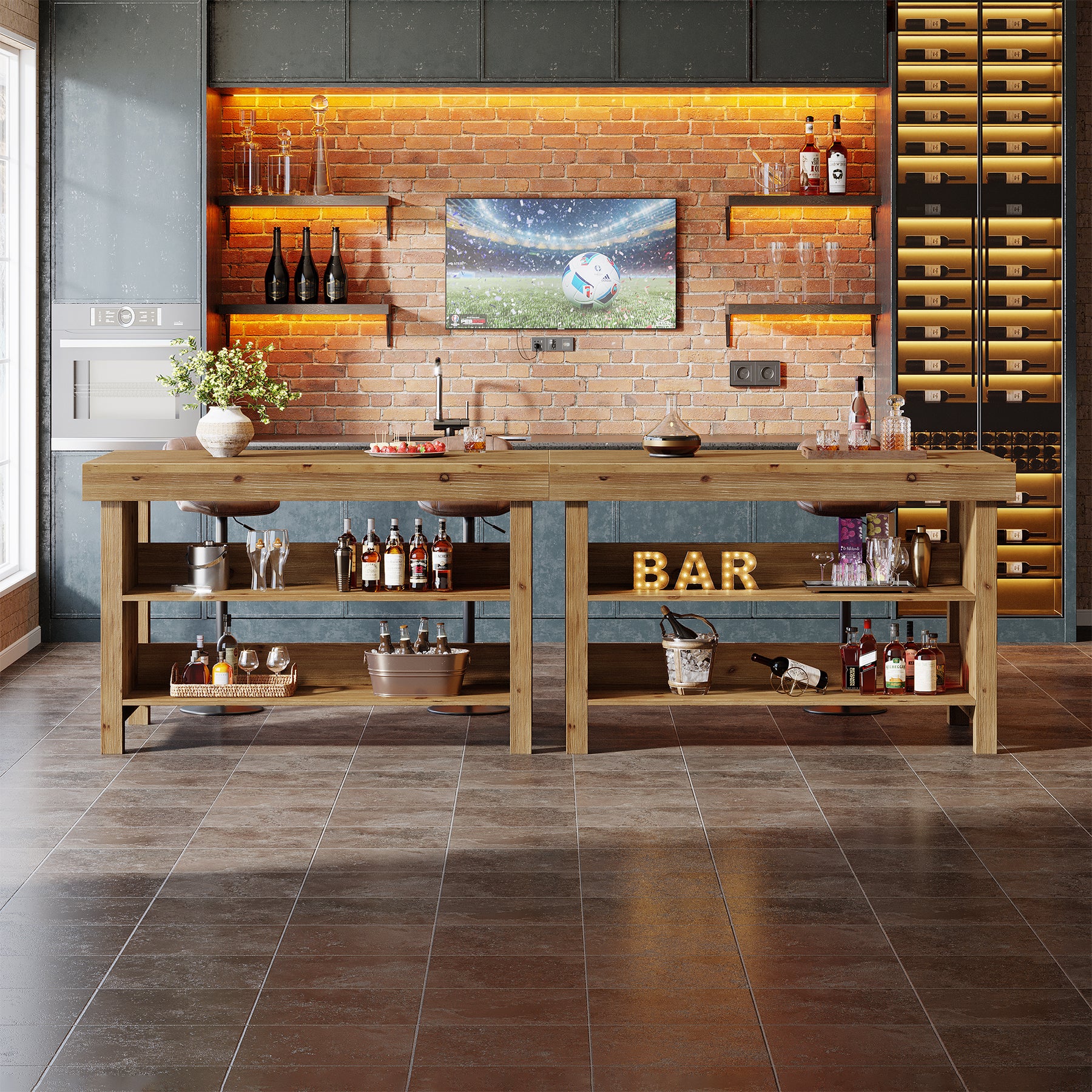 Tribesigns 55-Inch Solid Wood Bar Table with 3-Tier Open Storage Shelves, Farmhouse Counter Height Pub Table