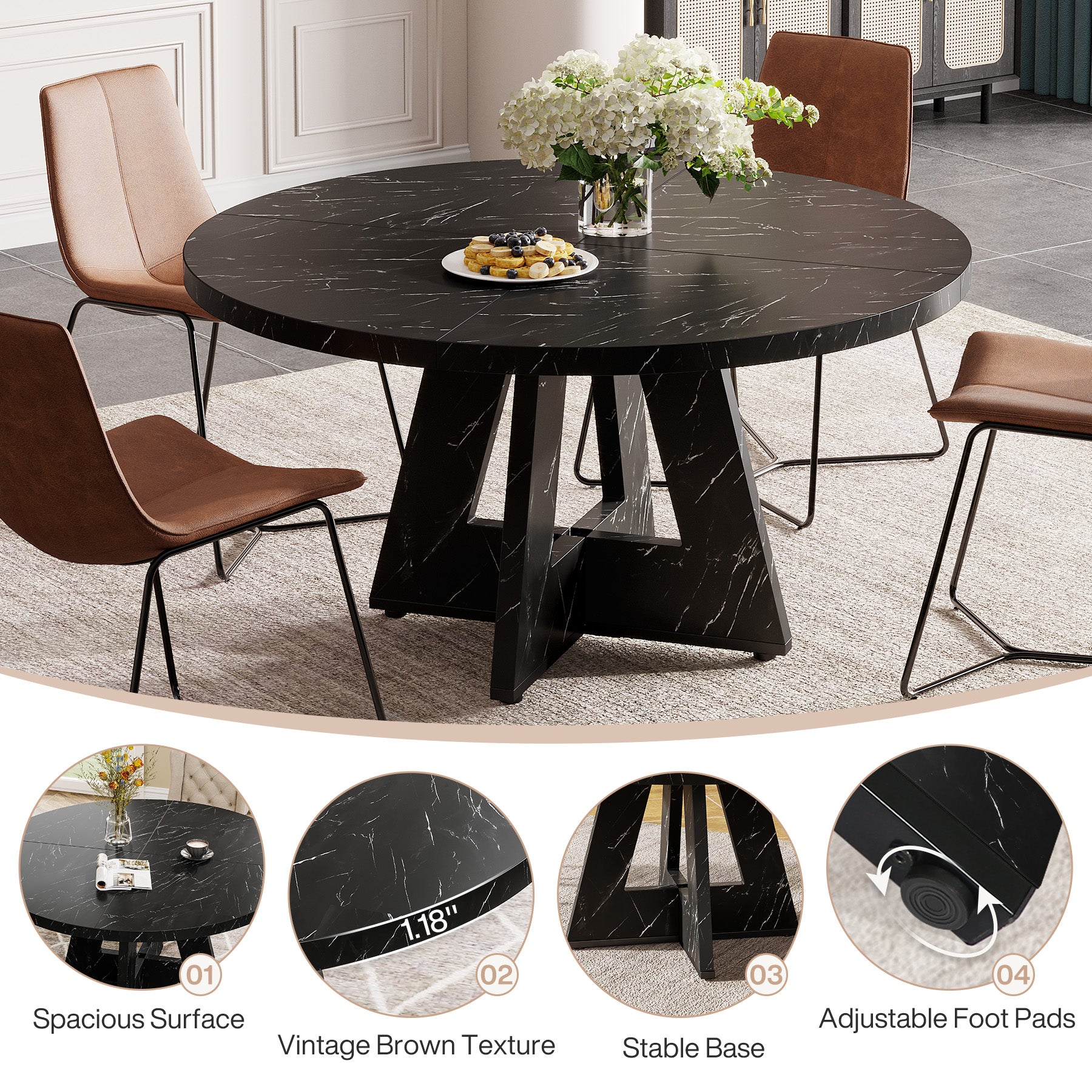 47-Inch Round Dining Table, Farmhouse Wood Kitchen Table for 4-6 with Cross Base