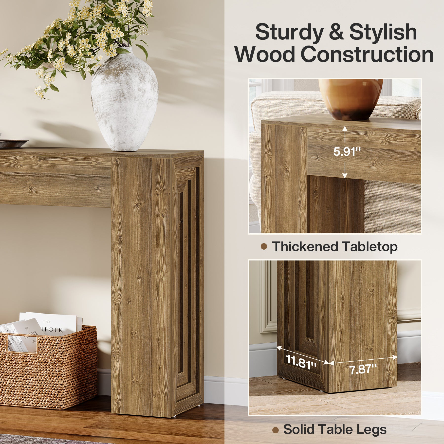 63" Farmhouse Console Table, Narrow Sofa Table with Natural Brown Finish for Entryway