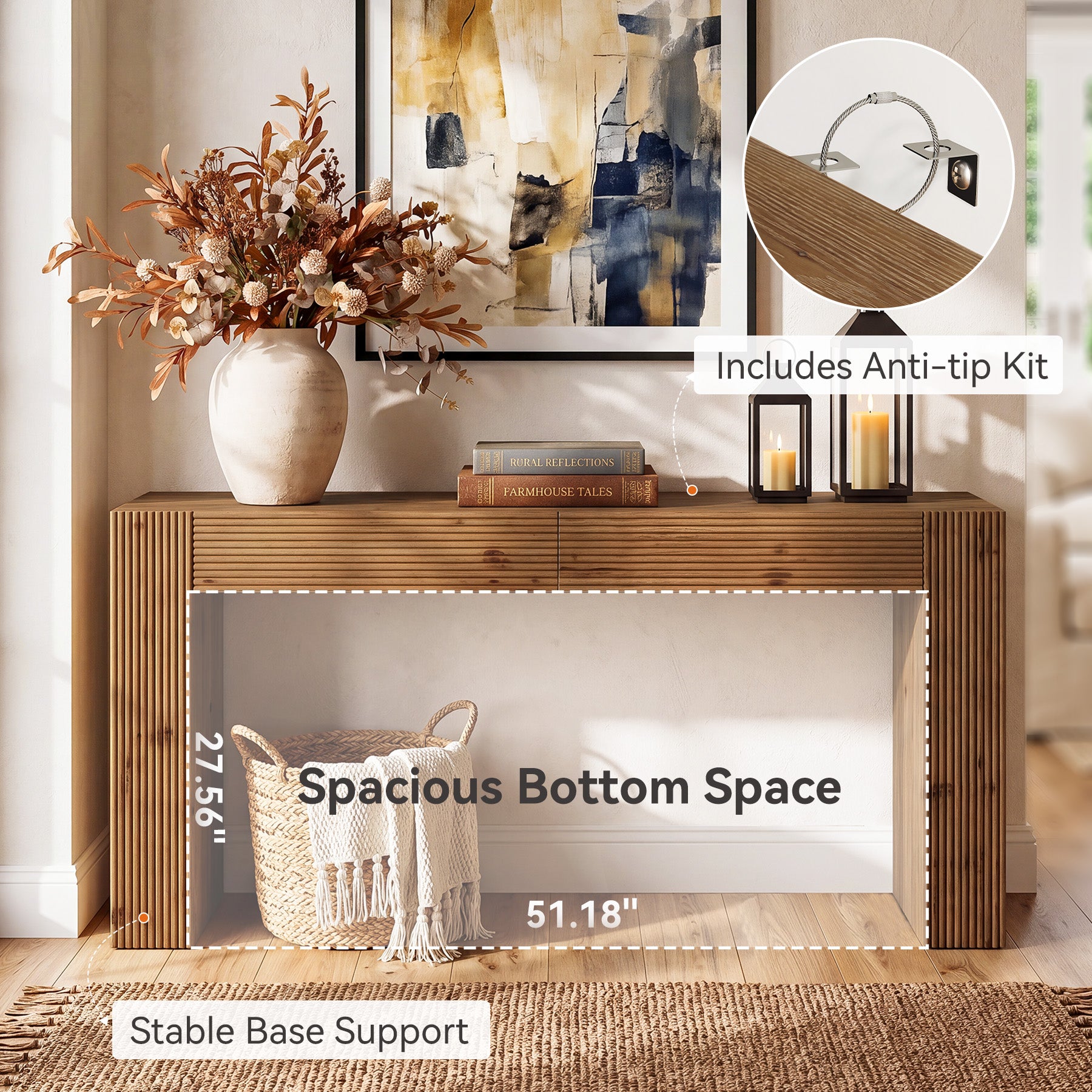 Tribesigns 63-Inch Solid Wood Console Table with 2 Drawers, Fluted Farmhouse Table for Hallway