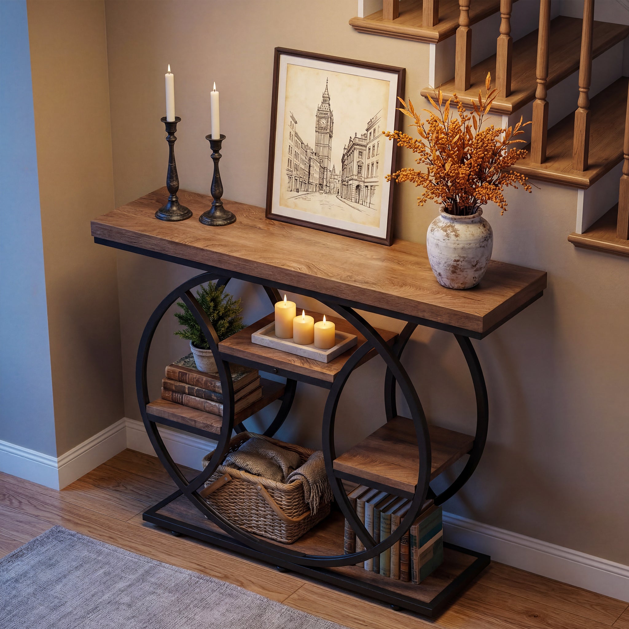 41.3" Industrial Console Table with 4-Tier Storage, Entryway Sofa Table for Hallway Living Room Entrance