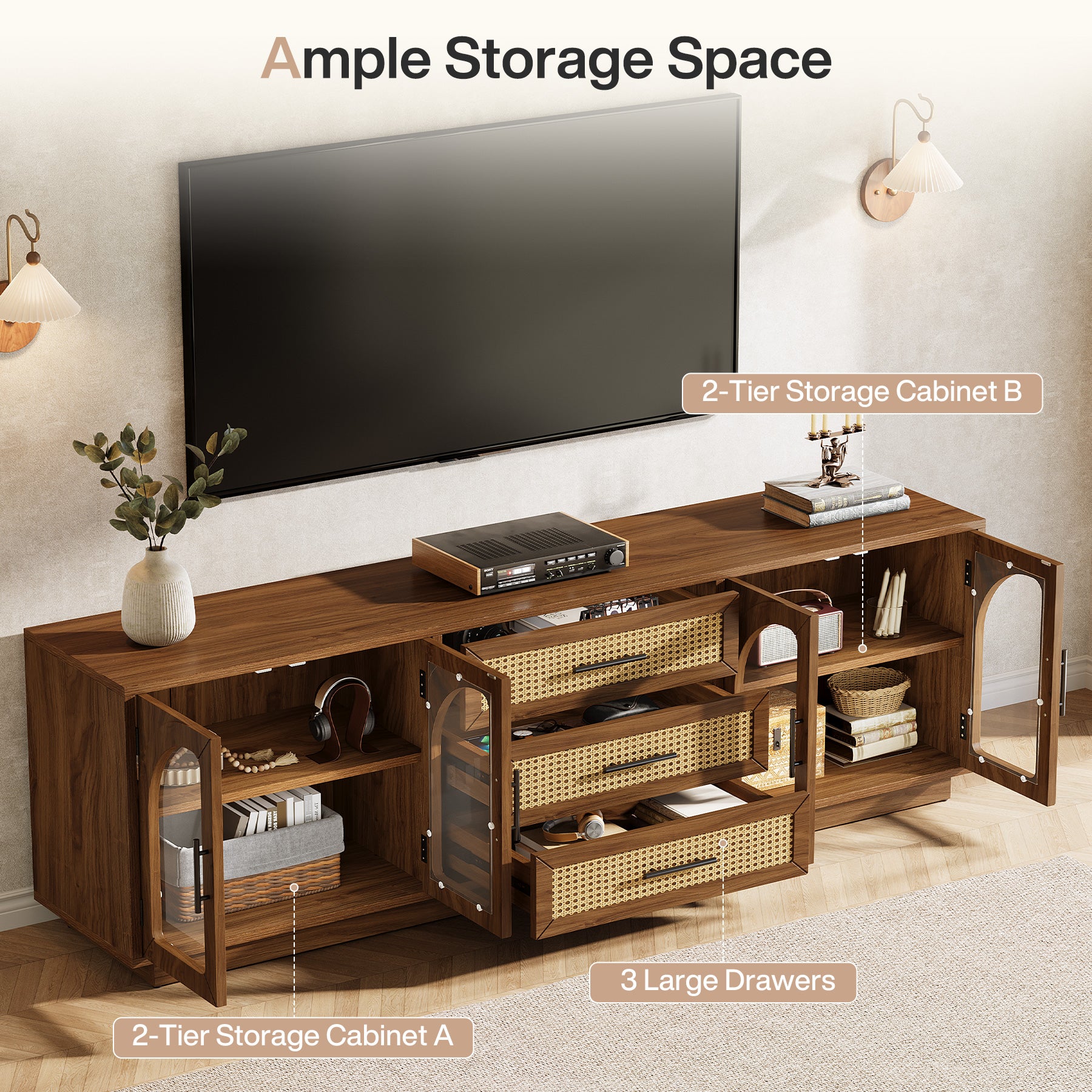 Tribesigns 71-Inch TV Stand with Rattan Drawers, Mid-Century Media Console for Living Room