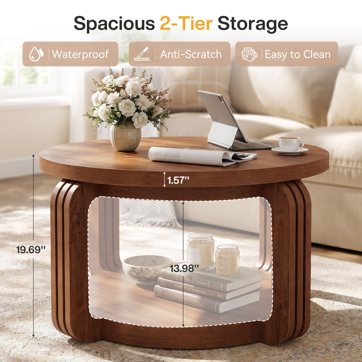 31.5 Inch Round Coffee Table with 2-Tier Storage Shelf, Modern Rustic Center Table for Living Room