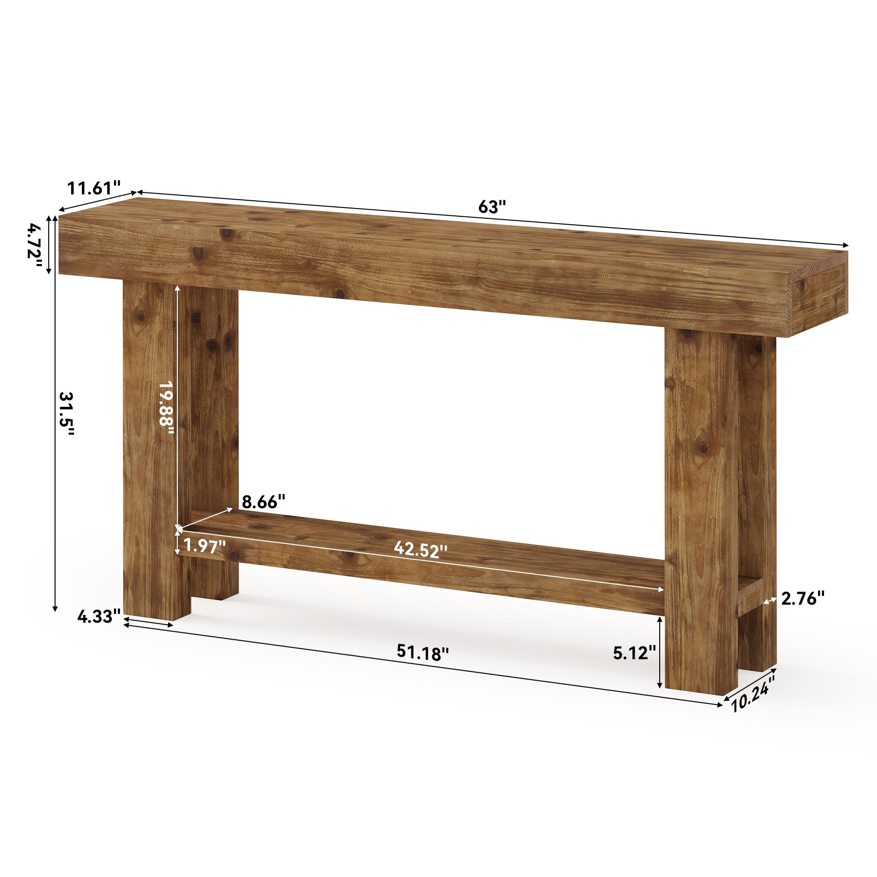 63-Inch Solid Wood Console Table with 2-Tier Storage Shelf, Farmhouse Narrow Sofa Table for Entryway