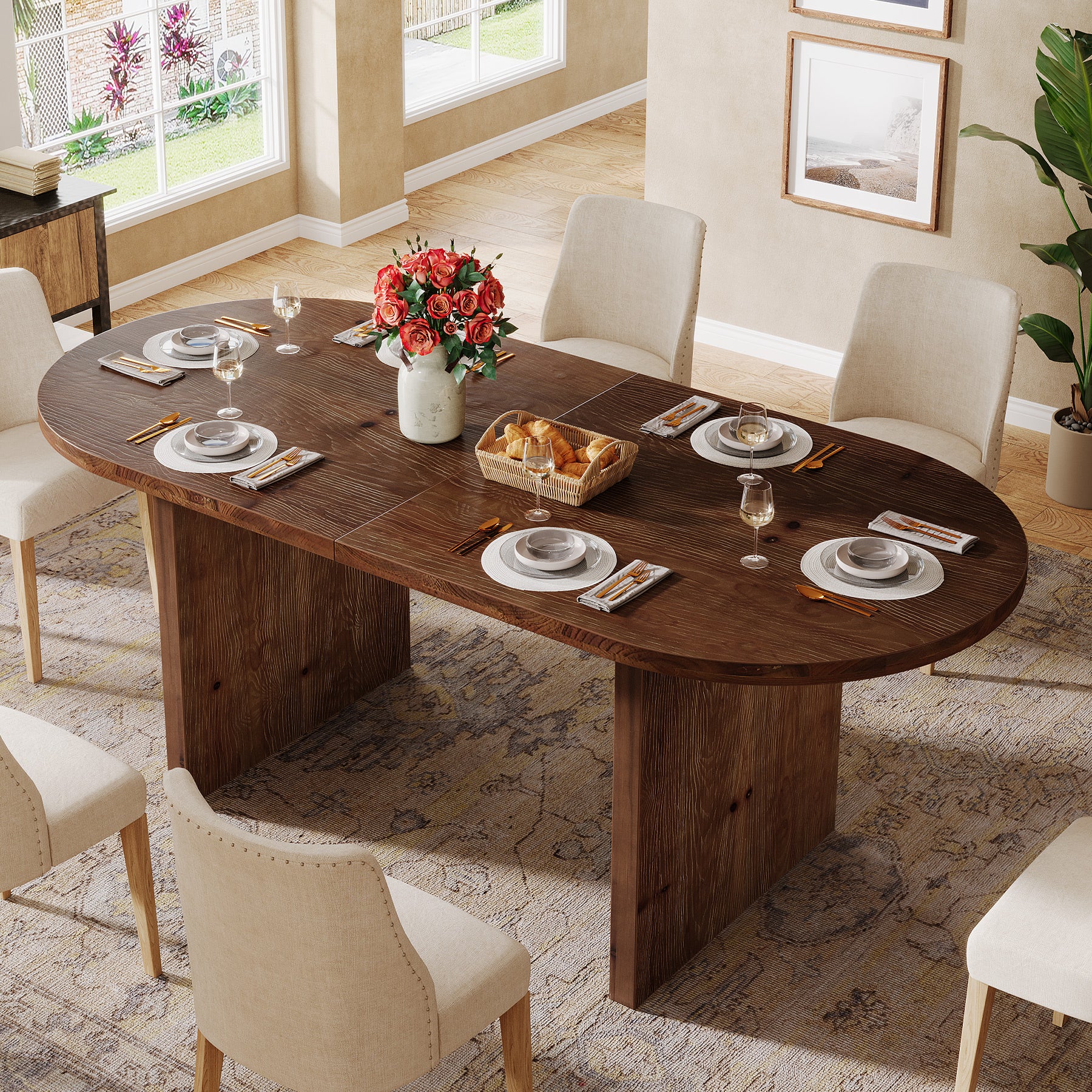 63-Inch Solid Wood Oval Dining Table for 4 to 6 People with Double Pedestal Base, Farmhouse Kitchen Table for Dining Room and Home Kitchen