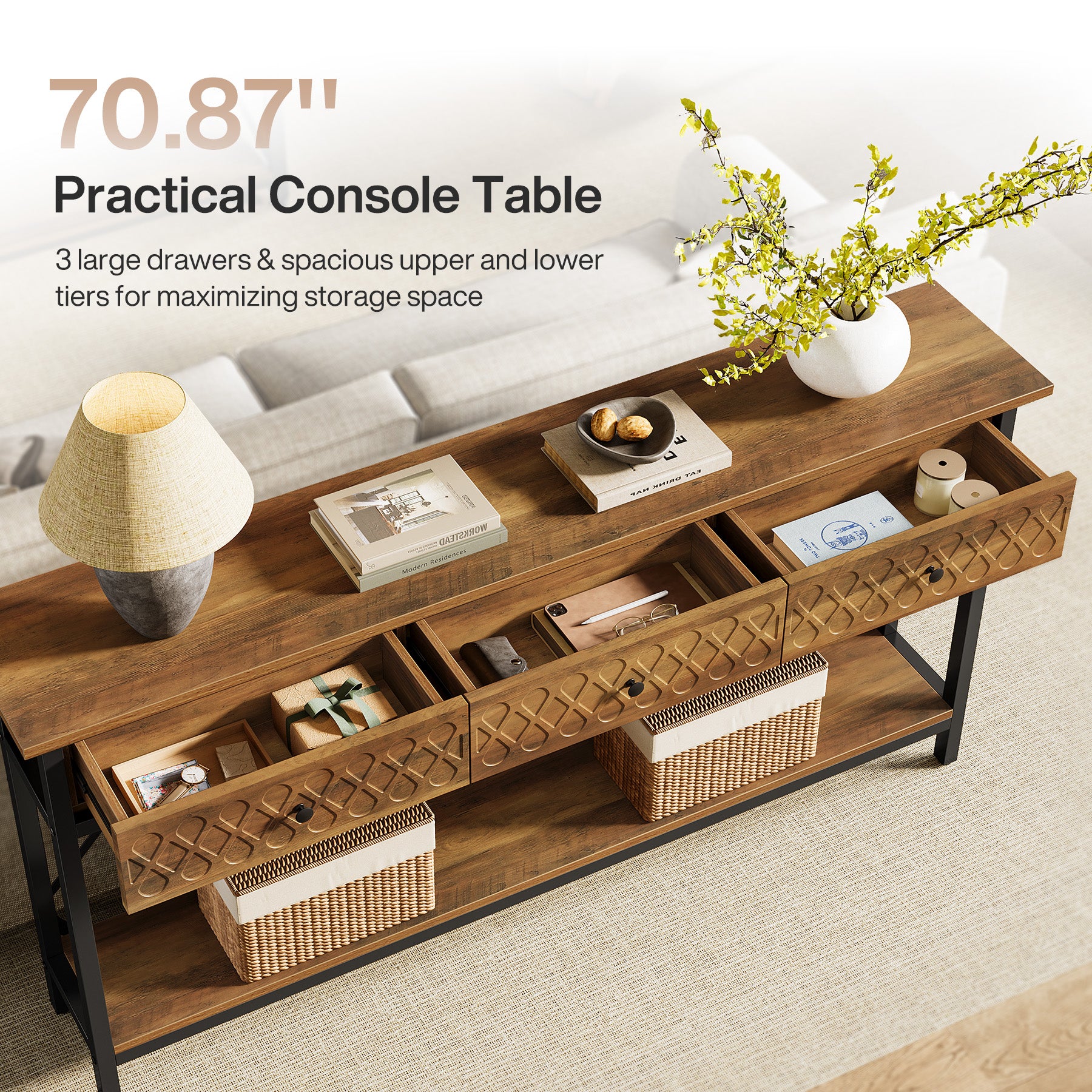 Tribesigns 70.86-Inch Extra Long Console Table with 3 Drawers and Storage Shelf, Industrial Narrow Sofa Table for Living Room Entryway and Hallway