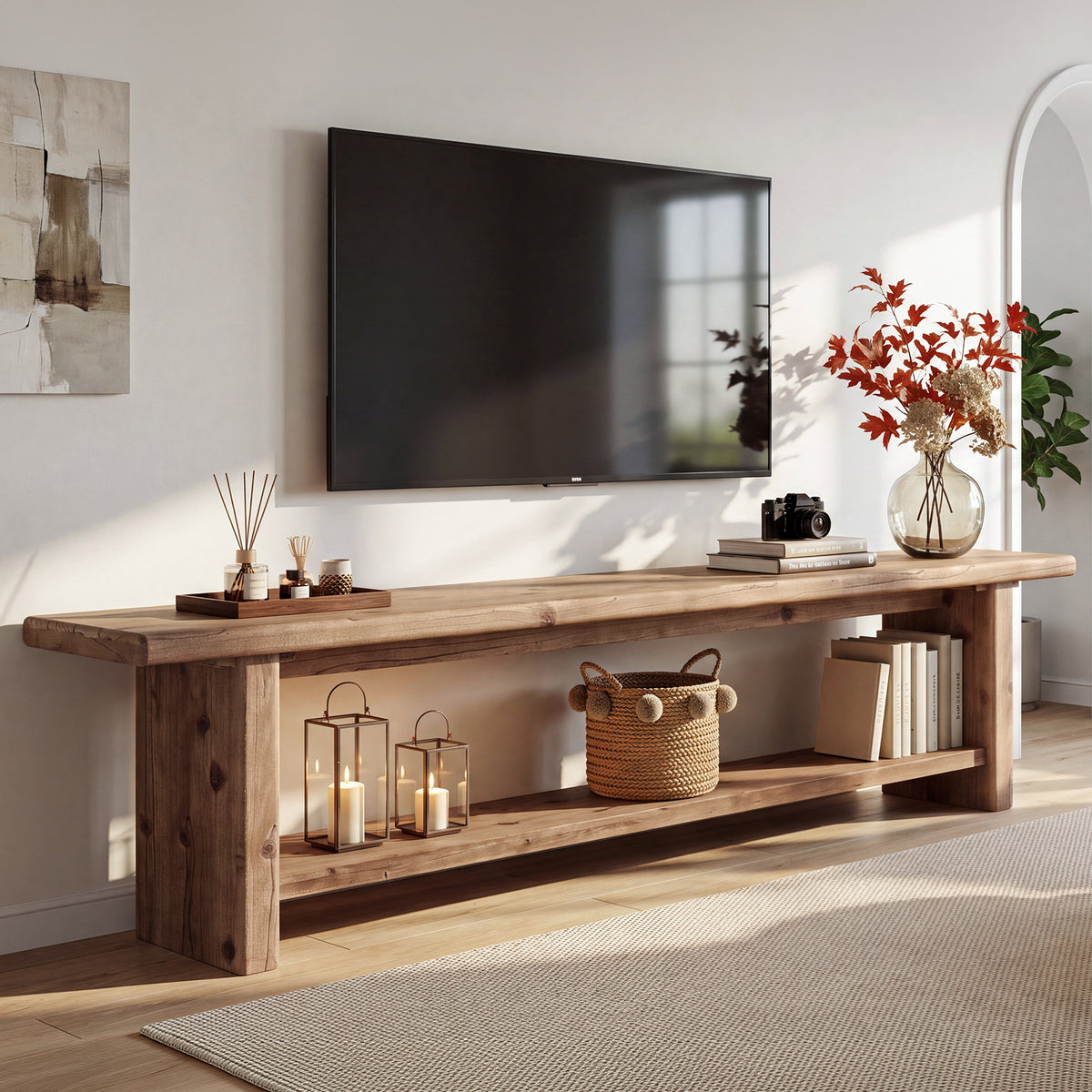 Tribesigns 71 Inch Solid Wood TV Stand with 2-Tier Storage and Farmhouse Design, Media Console for 55-85 Inch TVs