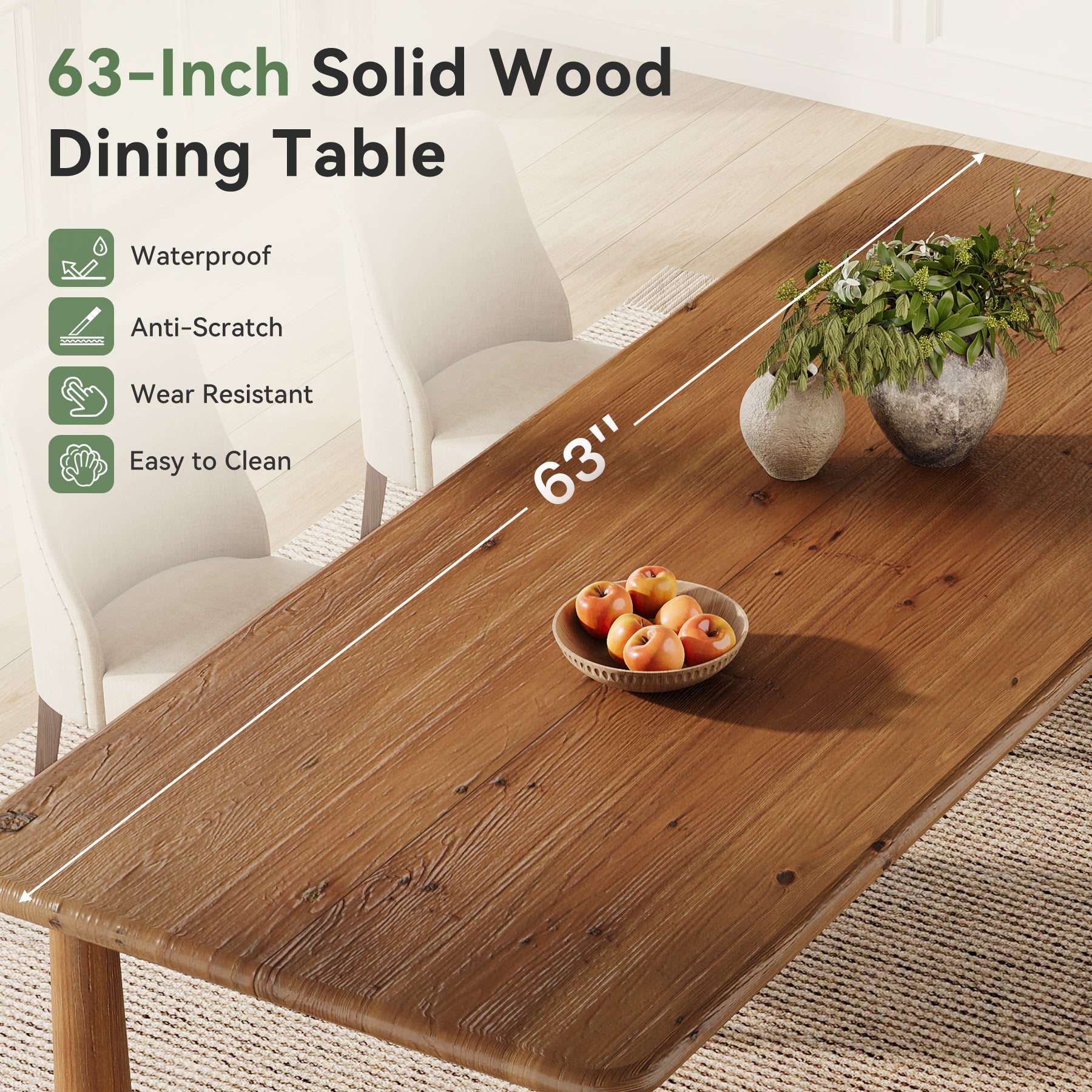 63-Inch Solid Wood Dining Table for 4 to 6 People, Farmhouse Rectangular Kitchen Table with 400 lb Capacity for Dining Room and Kitchen