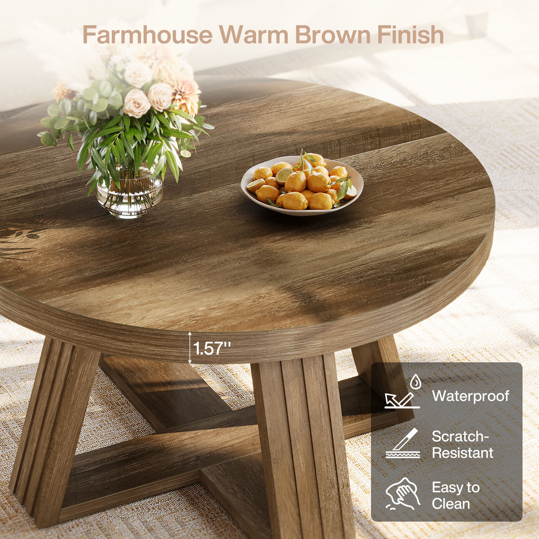 31.5-Inch Round Coffee Table with Thick MDF Tabletop and Cross Base, Rustic Farmhouse Center Table for Living Room