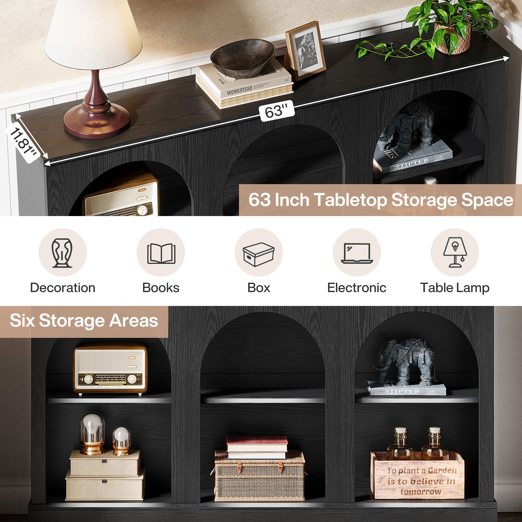 63" Farmhouse Console Table - 3-Tier Sofa Table with Storage