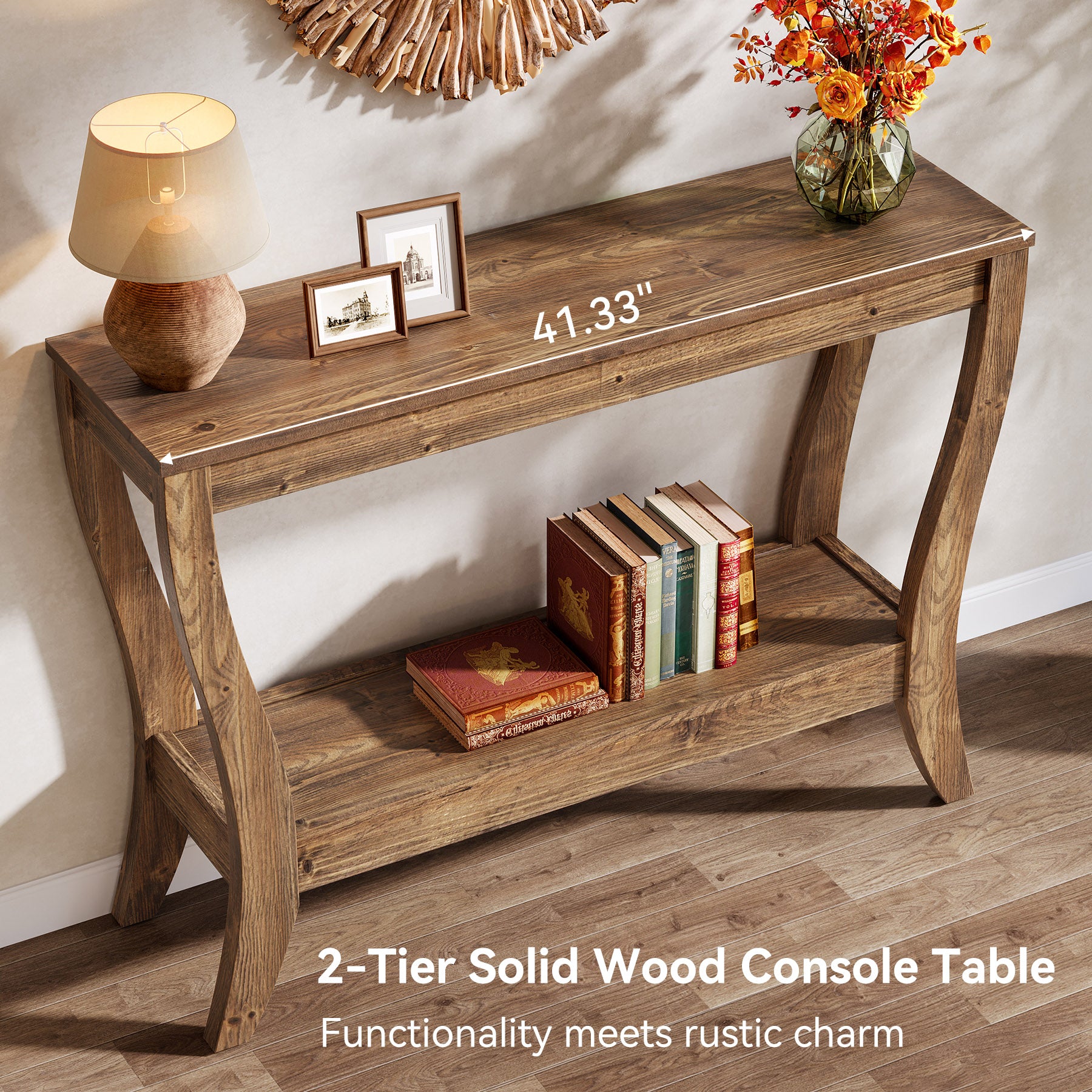41.3-Inch Solid Wood Console Table with Storage Shelf, Farmhouse 2-Tier Entryway and Sofa Table for Living Room and Hallway