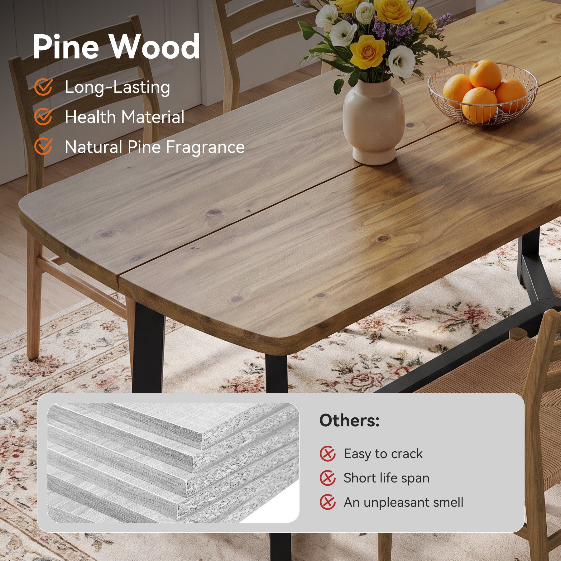 Tribesigns 63-Inch Solid Pine Wood Dining Table for 4-6, Industrial Farmhouse Kitchen Table