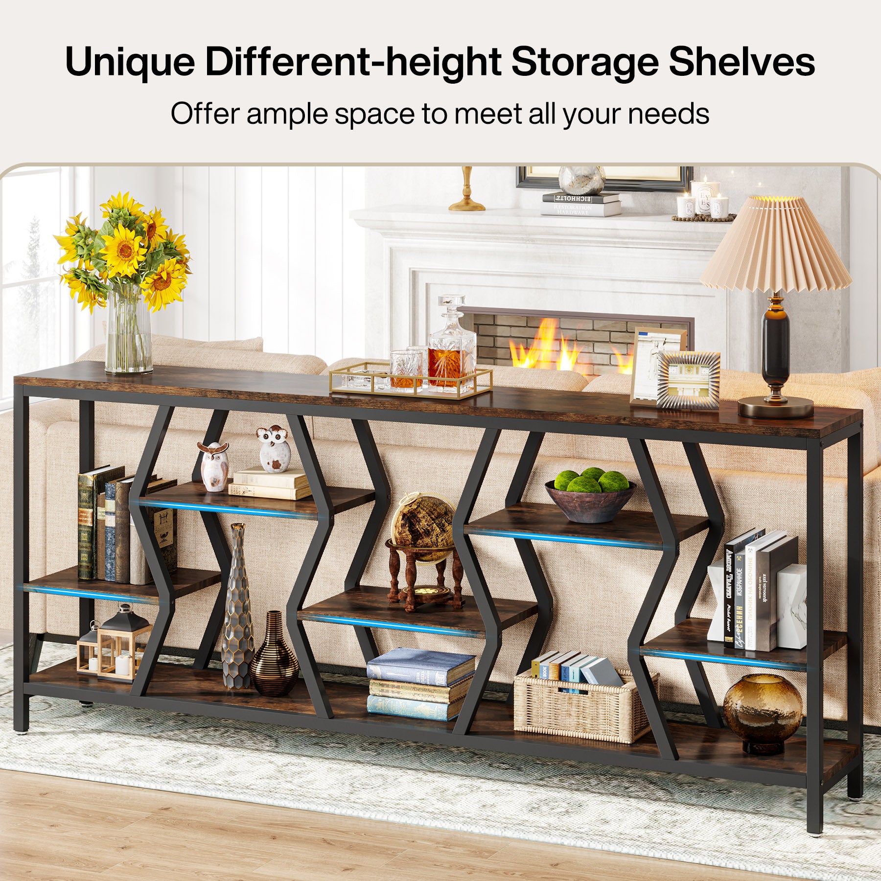 70.9-Inch Extra Long Sofa Console Table with 4-Tier Wood Storage Shelves, Industrial Narrow Entryway Table for Hallway
