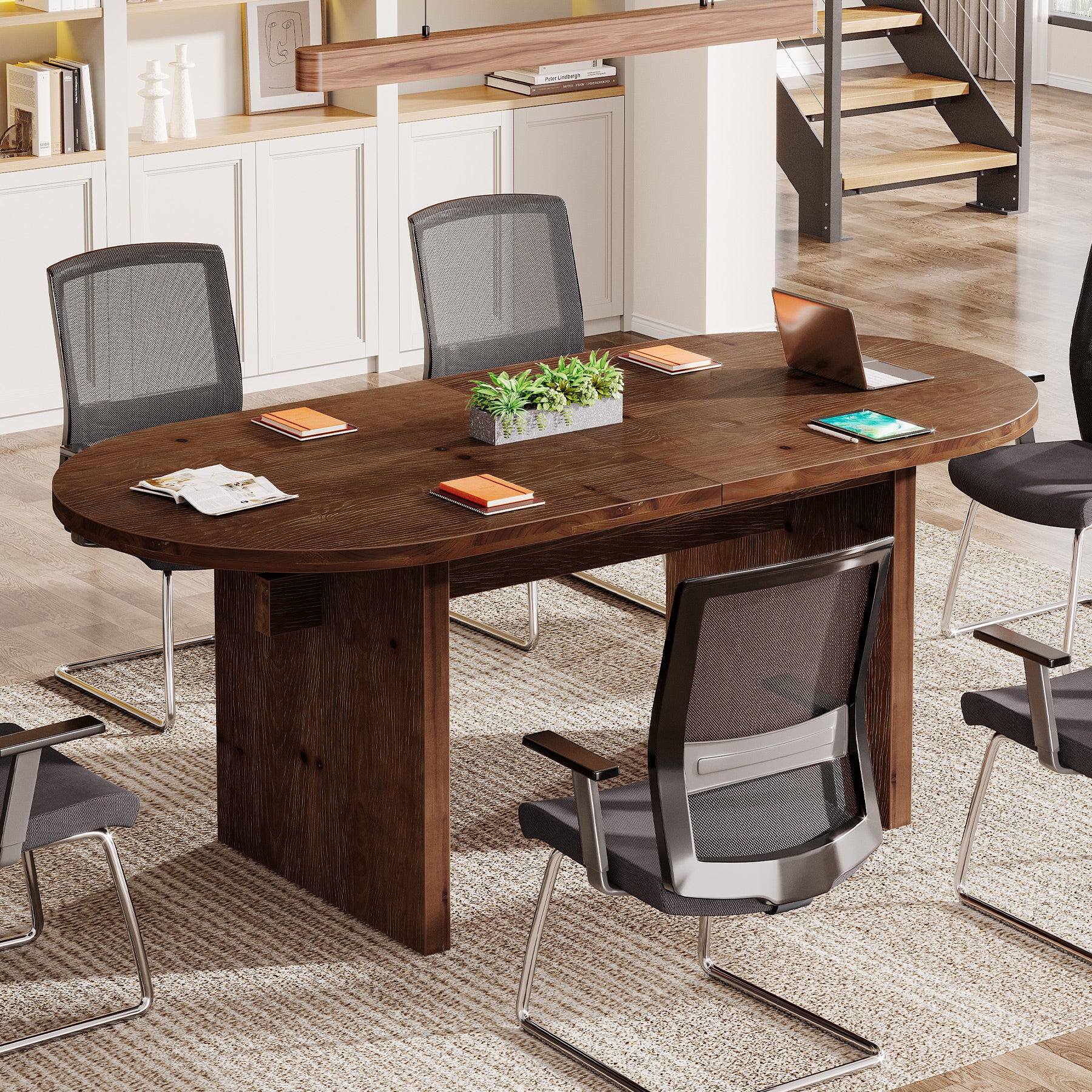 63-Inch Solid Wood Conference Table for 4 to 6 People with Oval Tabletop, Farmhouse Meeting Seminar Table