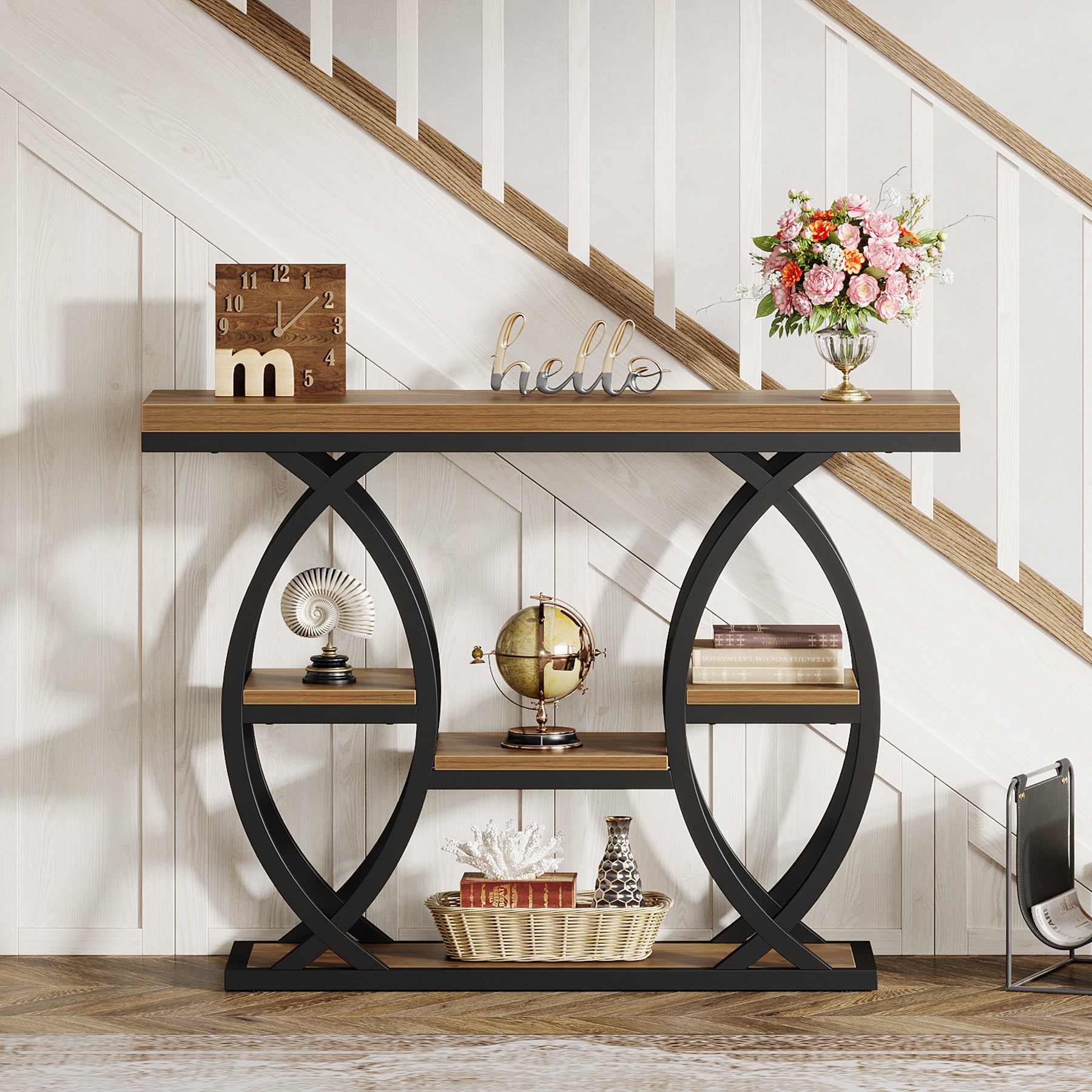 39.4" Industrial Console Table - 4-Tier Narrow Sofa Table with Metal Frame & Storage, Rustic Brown