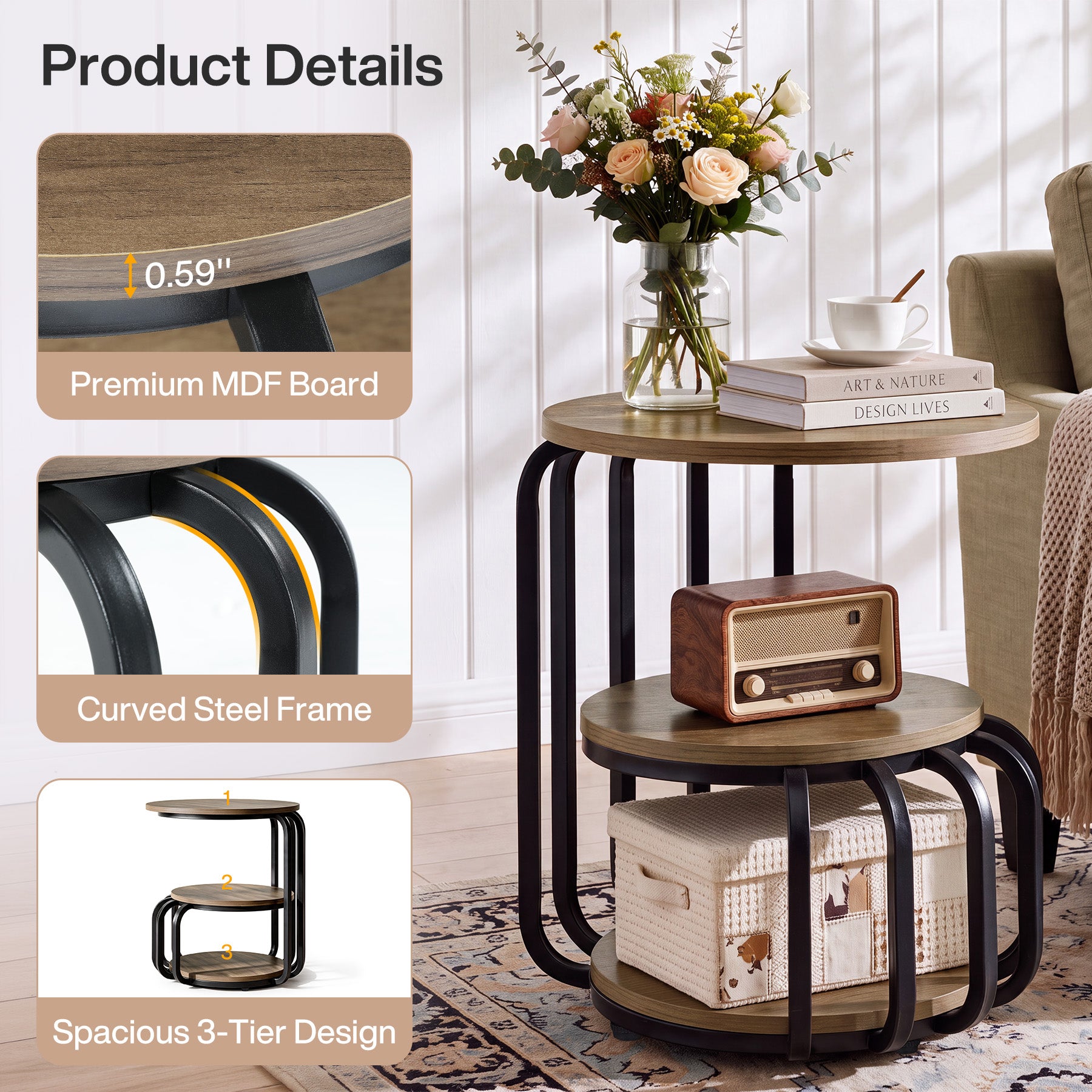 19.69 Inch Round Nightstand, 3 Tier Industrial Side Table with Storage for Bedroom