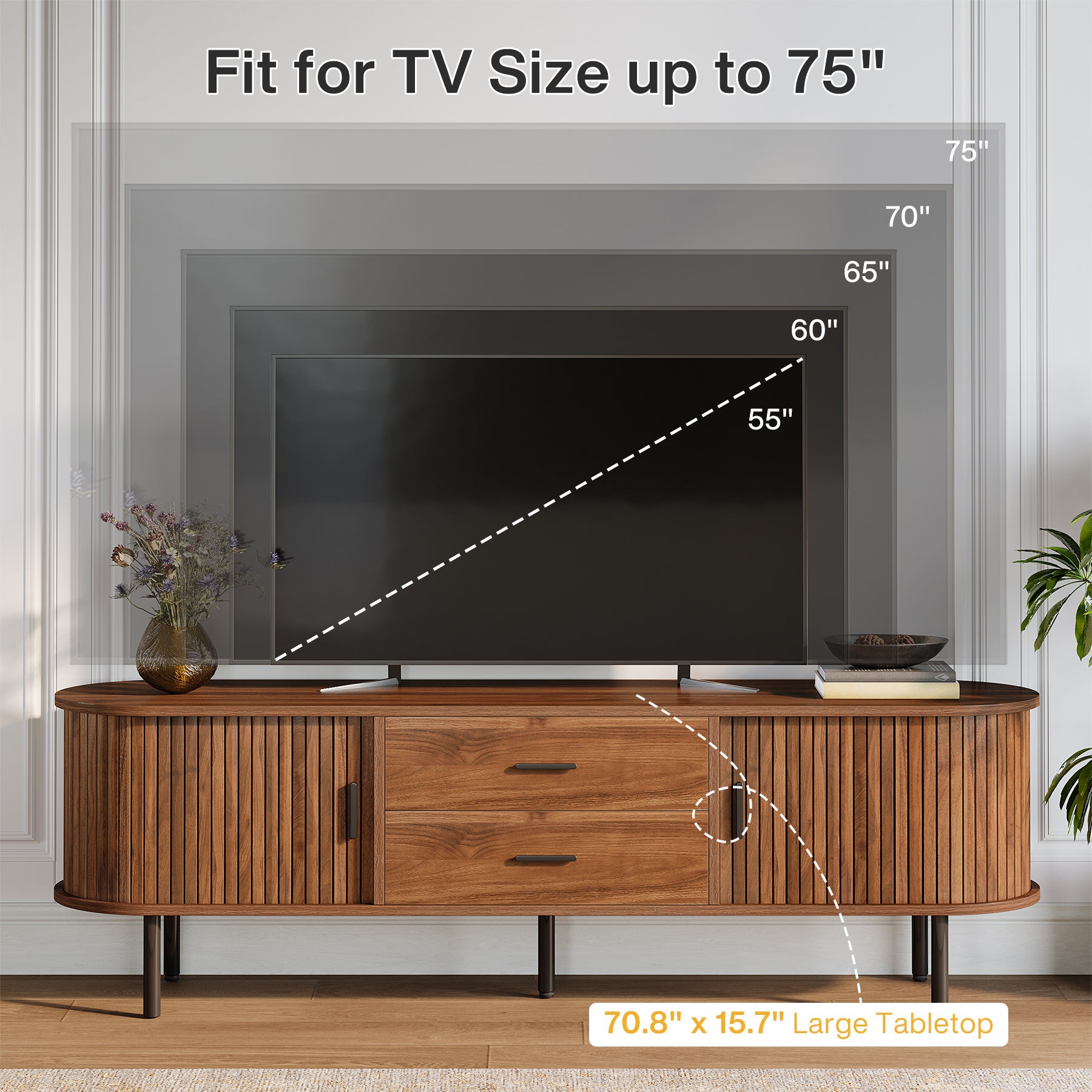 70-Inch TV Stand with Sliding Tambour Door, Mid-Century Media Console for 75-Inch TVs