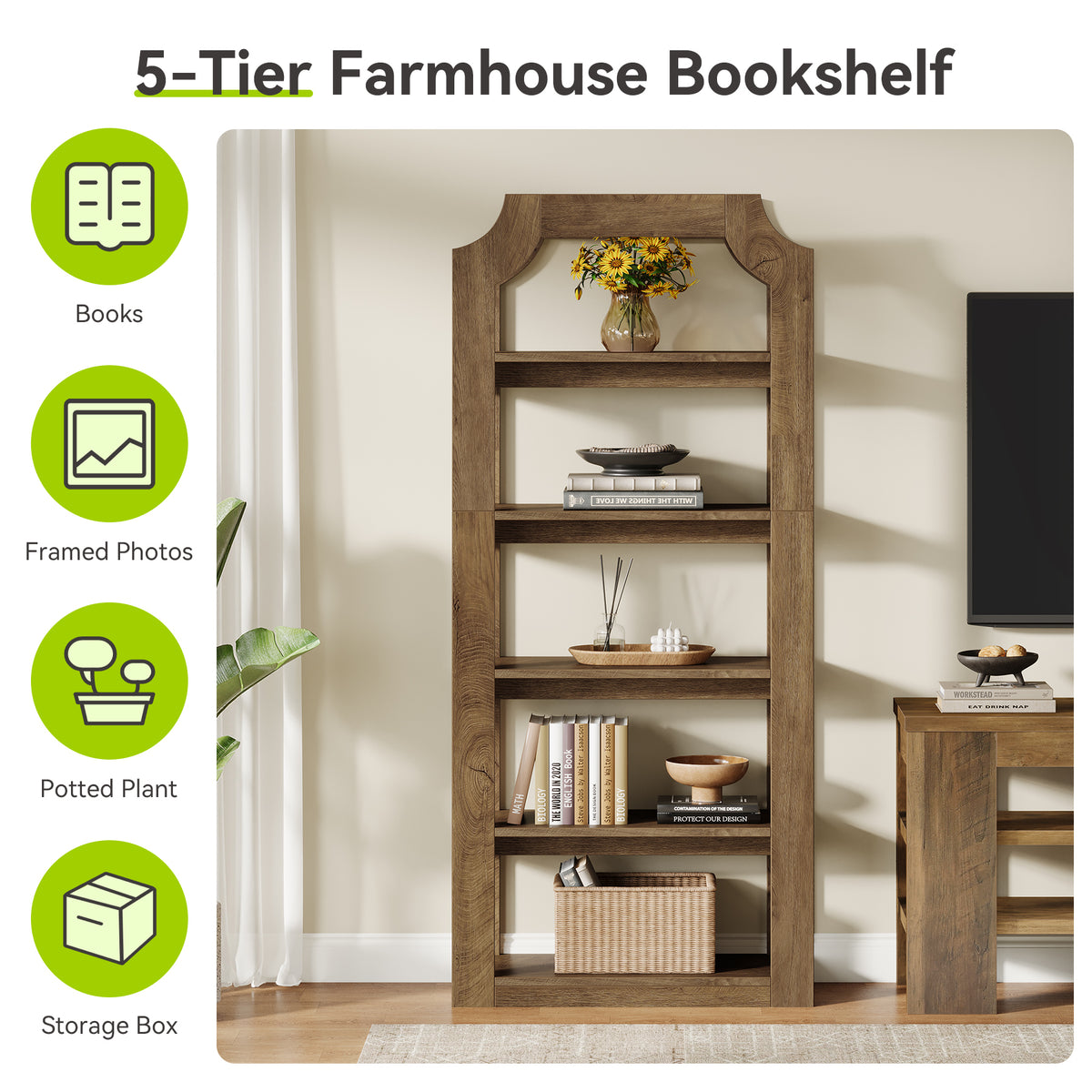 Tribesigns 70 Inch Tall 5-Tier Bookshelf with 31.5 Inch Wide Shelves, Farmhouse Bookcase for Living Room and Office