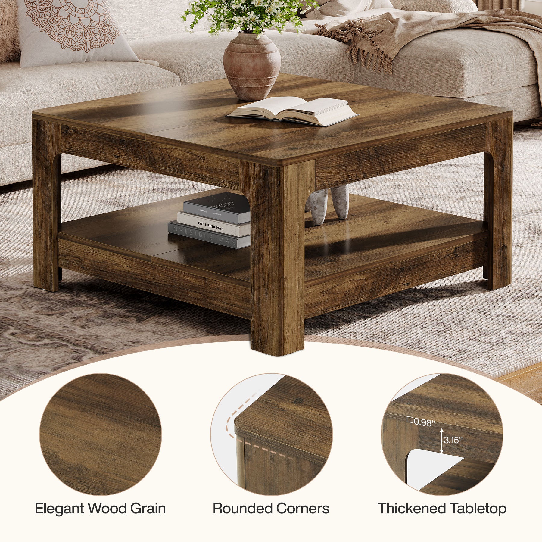 Tribesigns 39.4-Inch Square Coffee Table, Large Farmhouse Center Table with Storage Shelf for Living Room