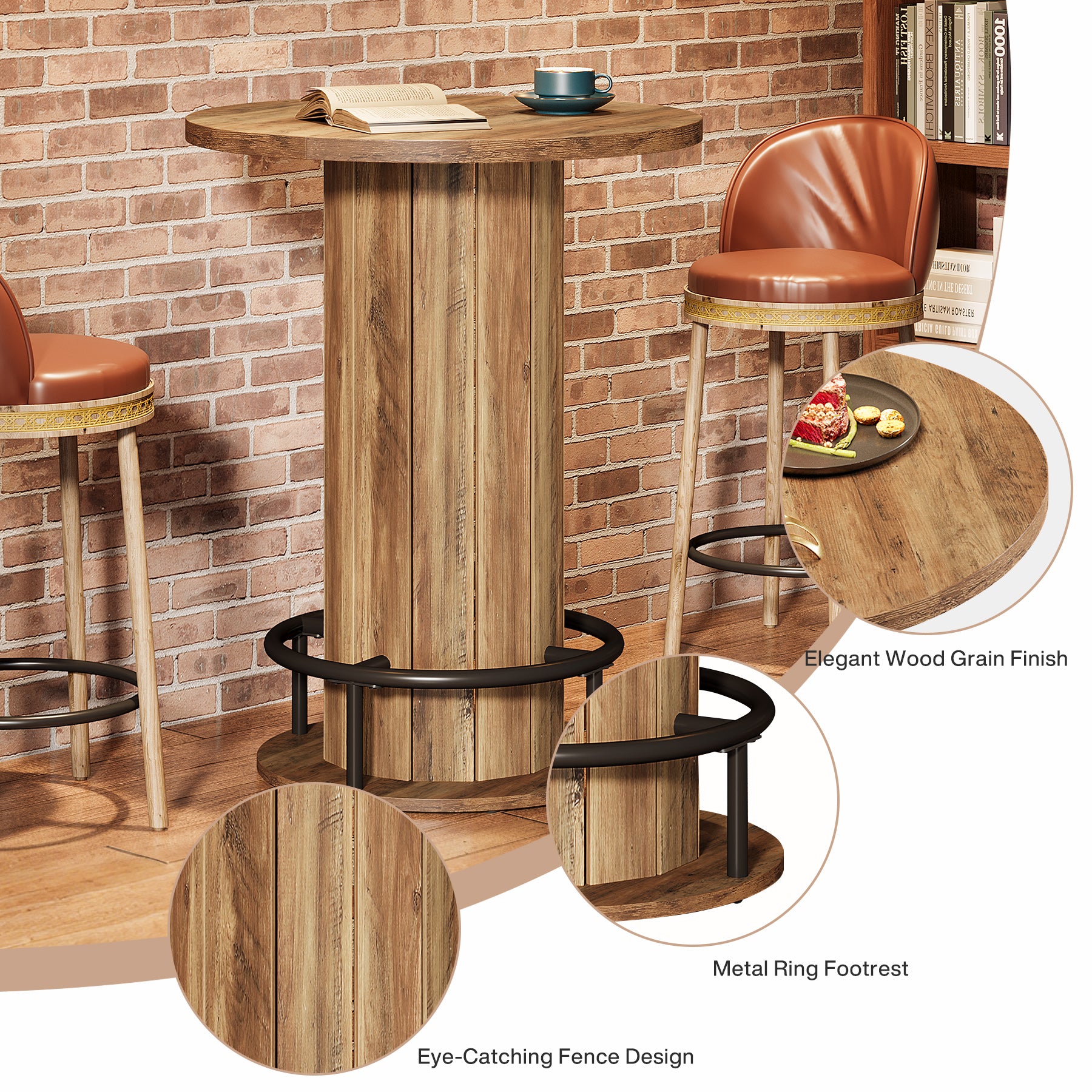 39.4" Round Wood Bar Table, Metal Ring Footrest for Dining & Living