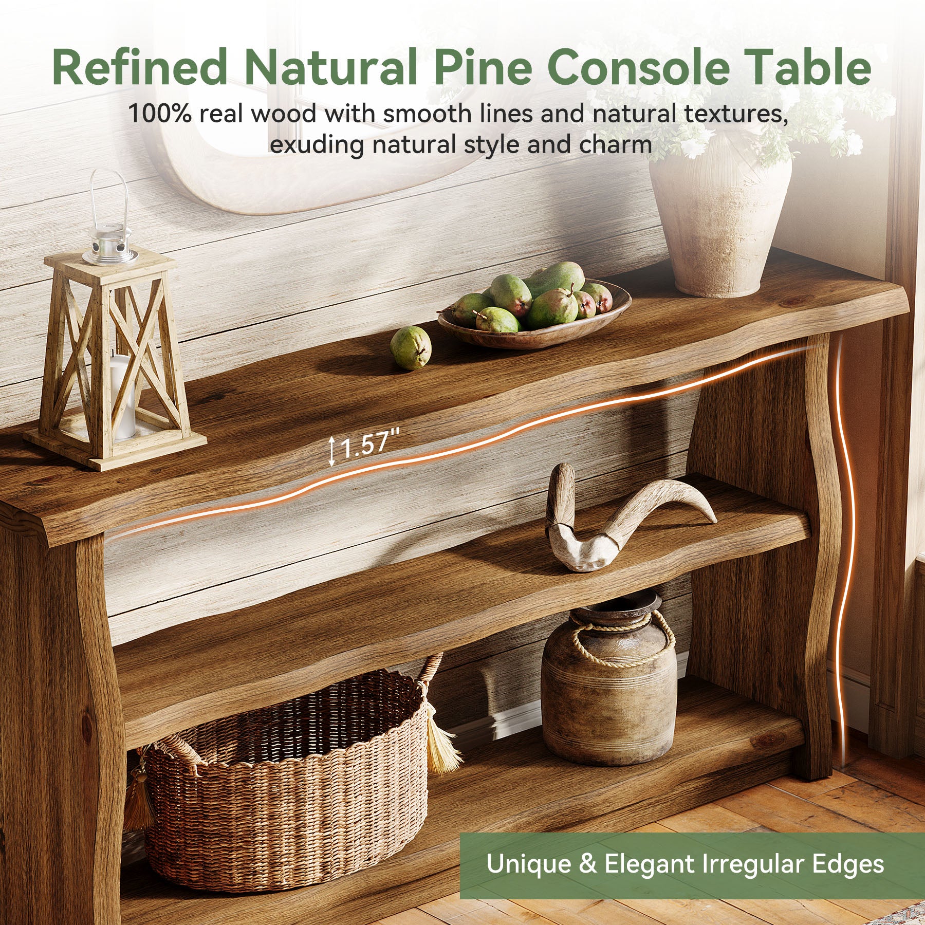 63-Inch Solid Wood Console Table with 3-Tier Open Storage, Rustic Pinewood Entryway Table for Hallway