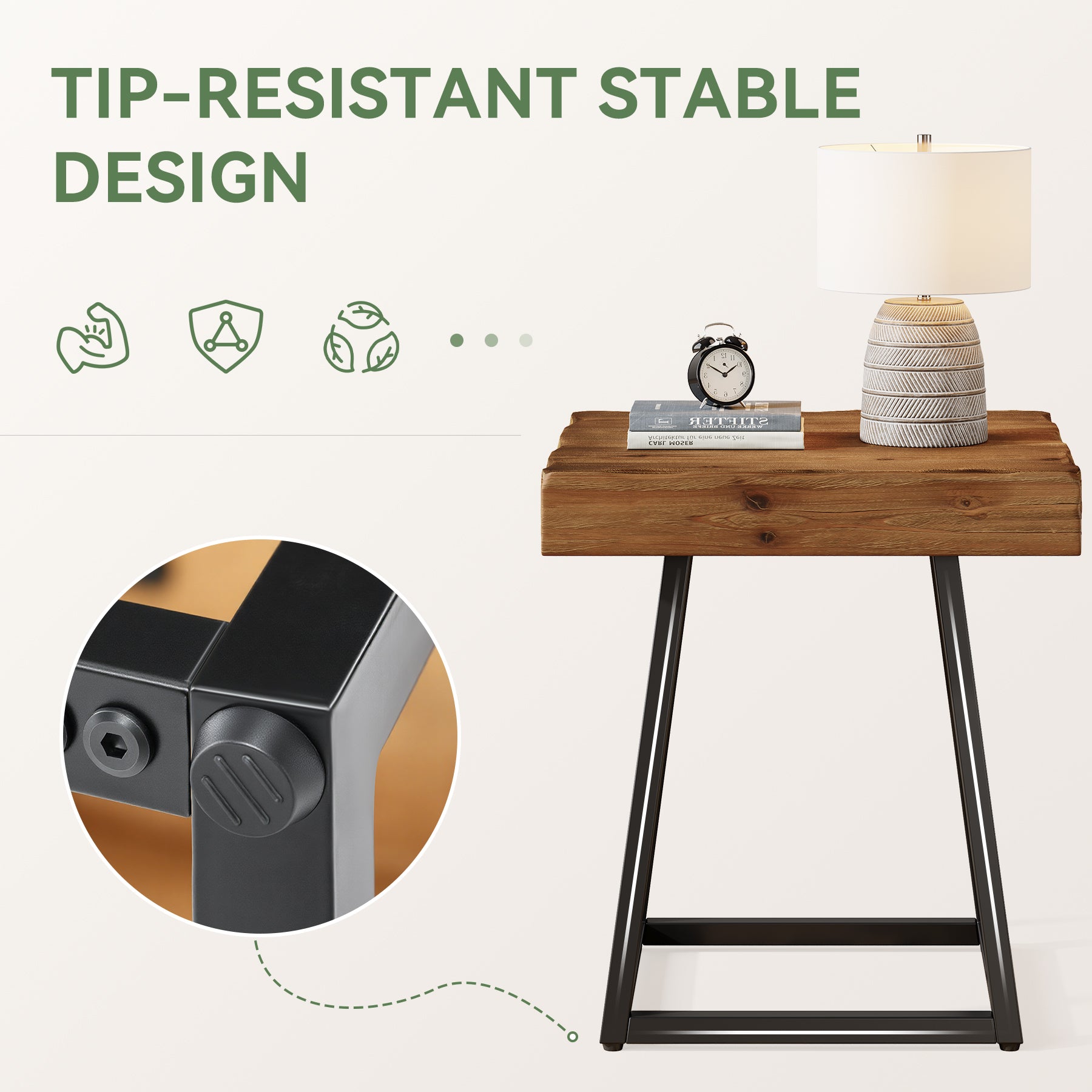 19.7 Inch Solid Wood Nightstand with Metal Frame, Industrial Square Bedside Table