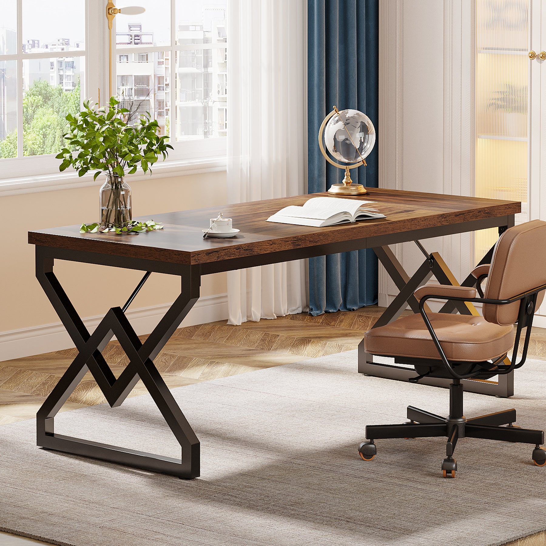 Tribesigns 63-Inch Large Office Desk, Industrial Computer Executive Desk with Extra Thick Wood-Look Top and Metal Frame for Home Office