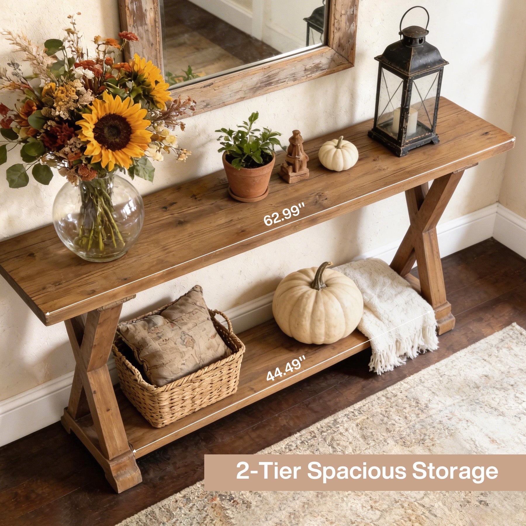 63 Inch Solid Wood Console Table with Storage, 2 Tier Farmhouse Sofa Table