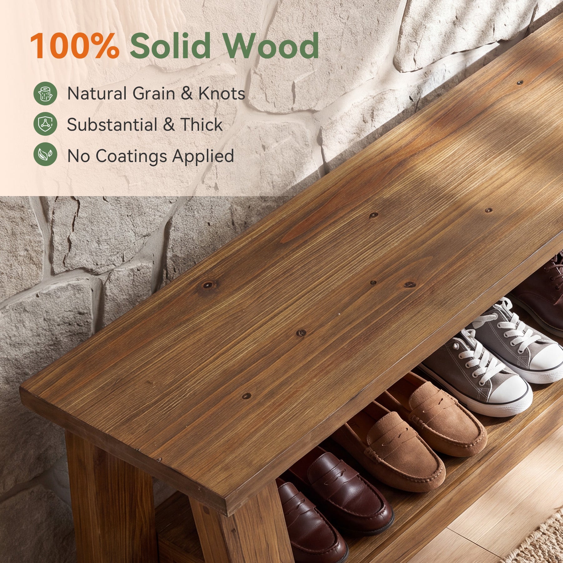 70.9-Inch Solid Wood Dining Bench with Storage Shelf, Farmhouse Bench for Dining Room