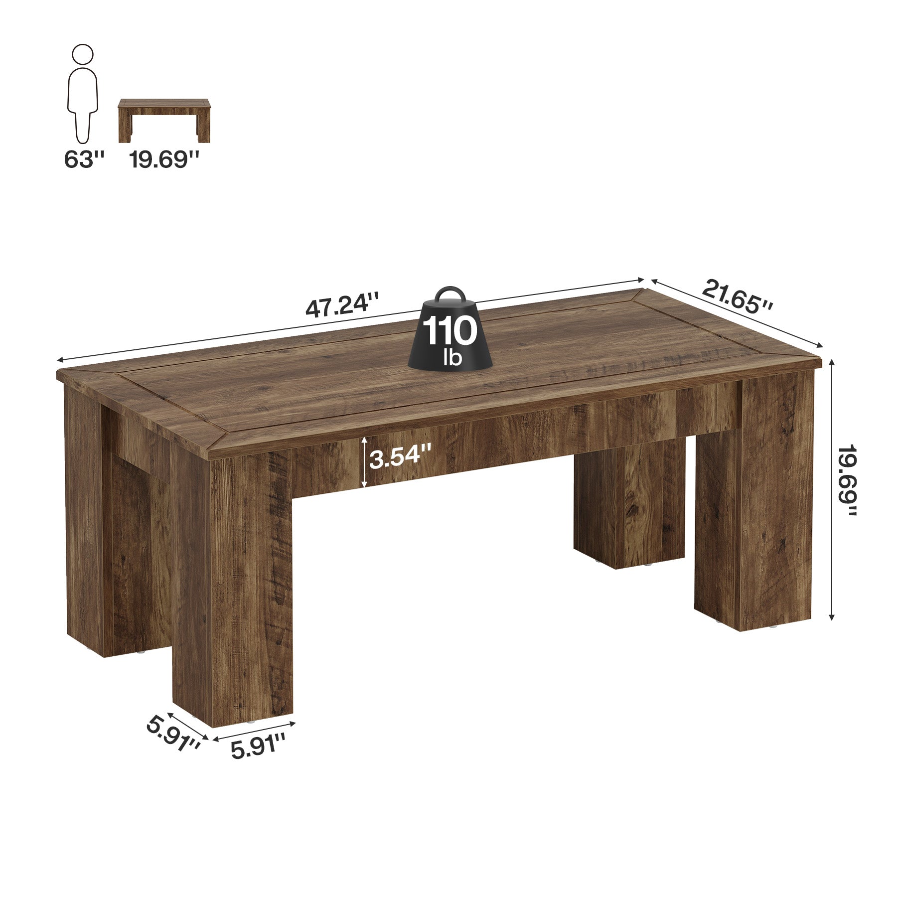 47" Rectangle Coffee Table for Living Room, Farmhouse Style Center Table with Sturdy Legs