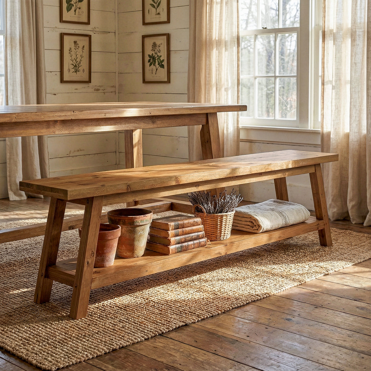 63" Farmhouse Kitchen Bench with Storage Shelf, Solid Wood Dining Bench