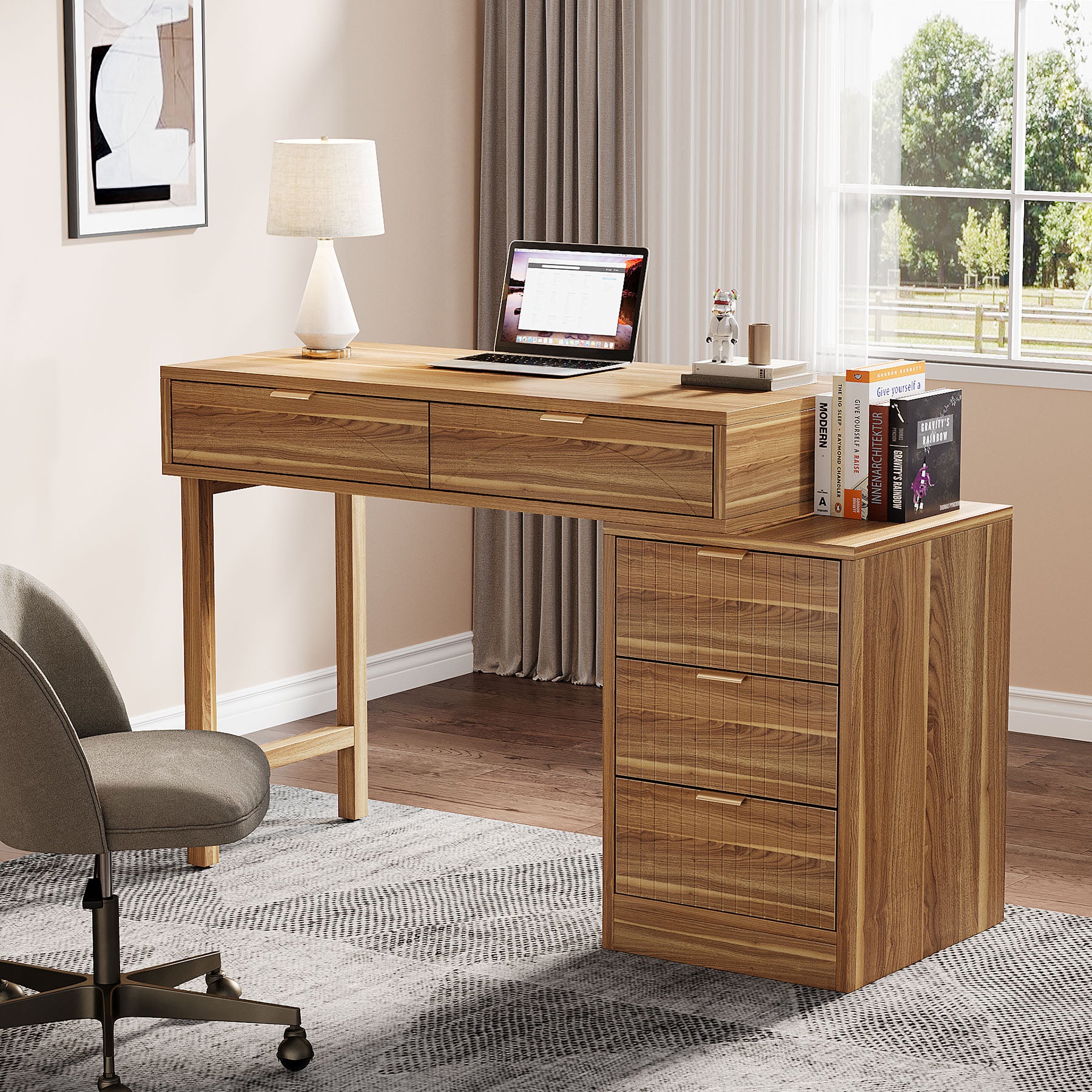 Reversible Computer Desk with 5 Drawers, Small Writing Desk for Home Office and Bedroom