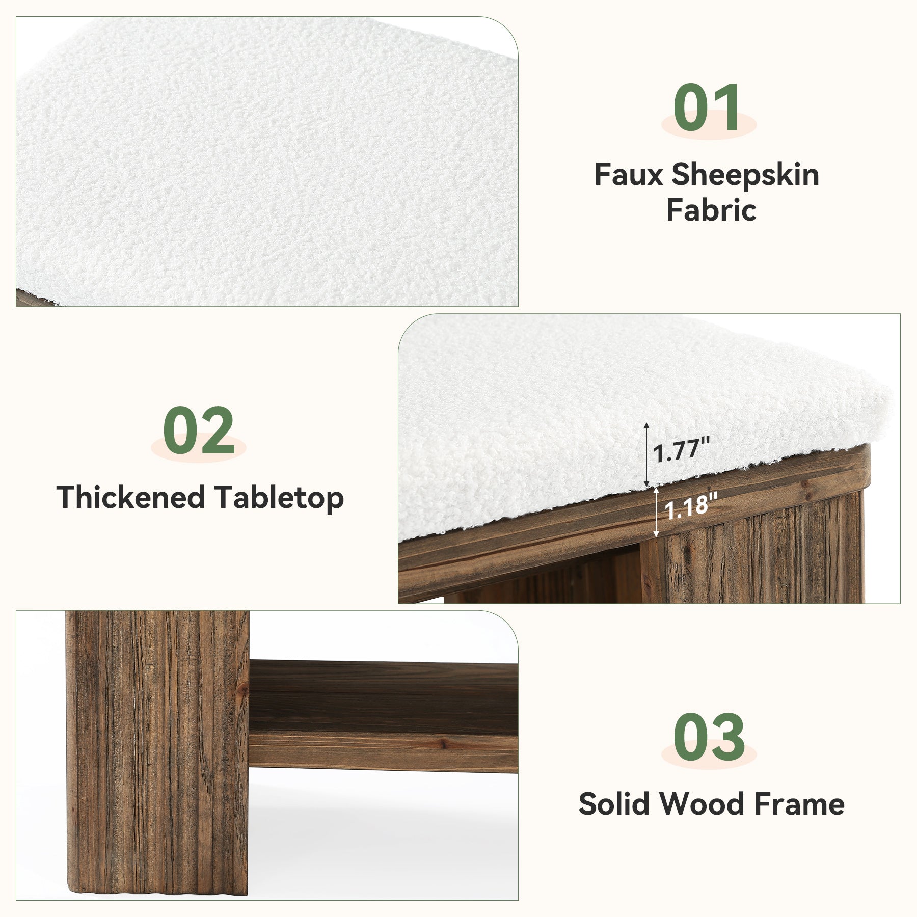 Tribesigns 63 Inch Solid Wood Bench with Removable Faux Lambswool Cushion, Farmhouse End of Bed Seat