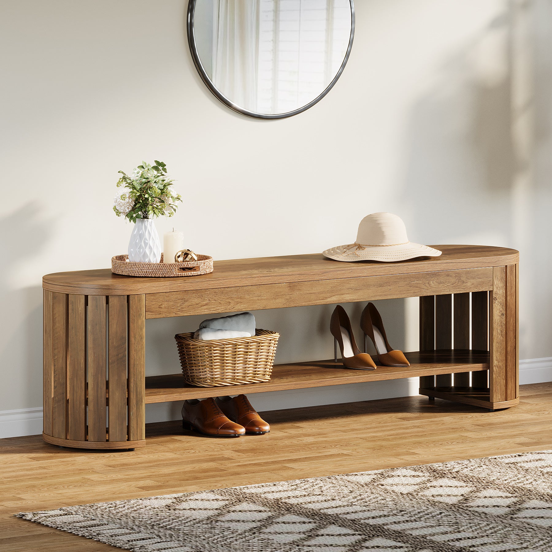 Tribesigns 63-Inch Wooden Shoe Bench with 2-Tier Storage, Narrow Entryway Bench for Entrance and Hallway