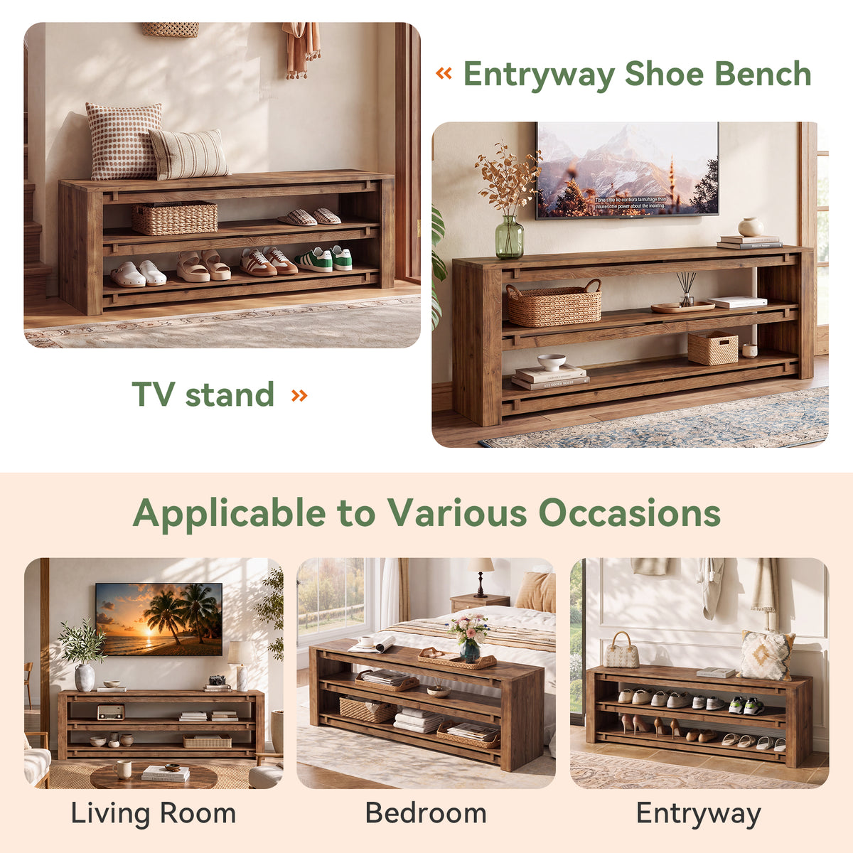 Tribesigns 63" Solid Wood TV Stand with 3-Tier Open Storage, Rustic Media Console for 75" TVs