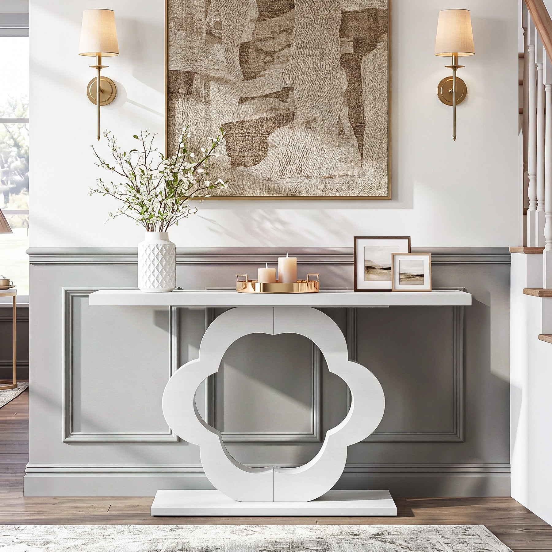 39.4-Inch White High-Gloss Console Table with Flower Cutout Base, Narrow Entryway Table for Living Room and Hallway