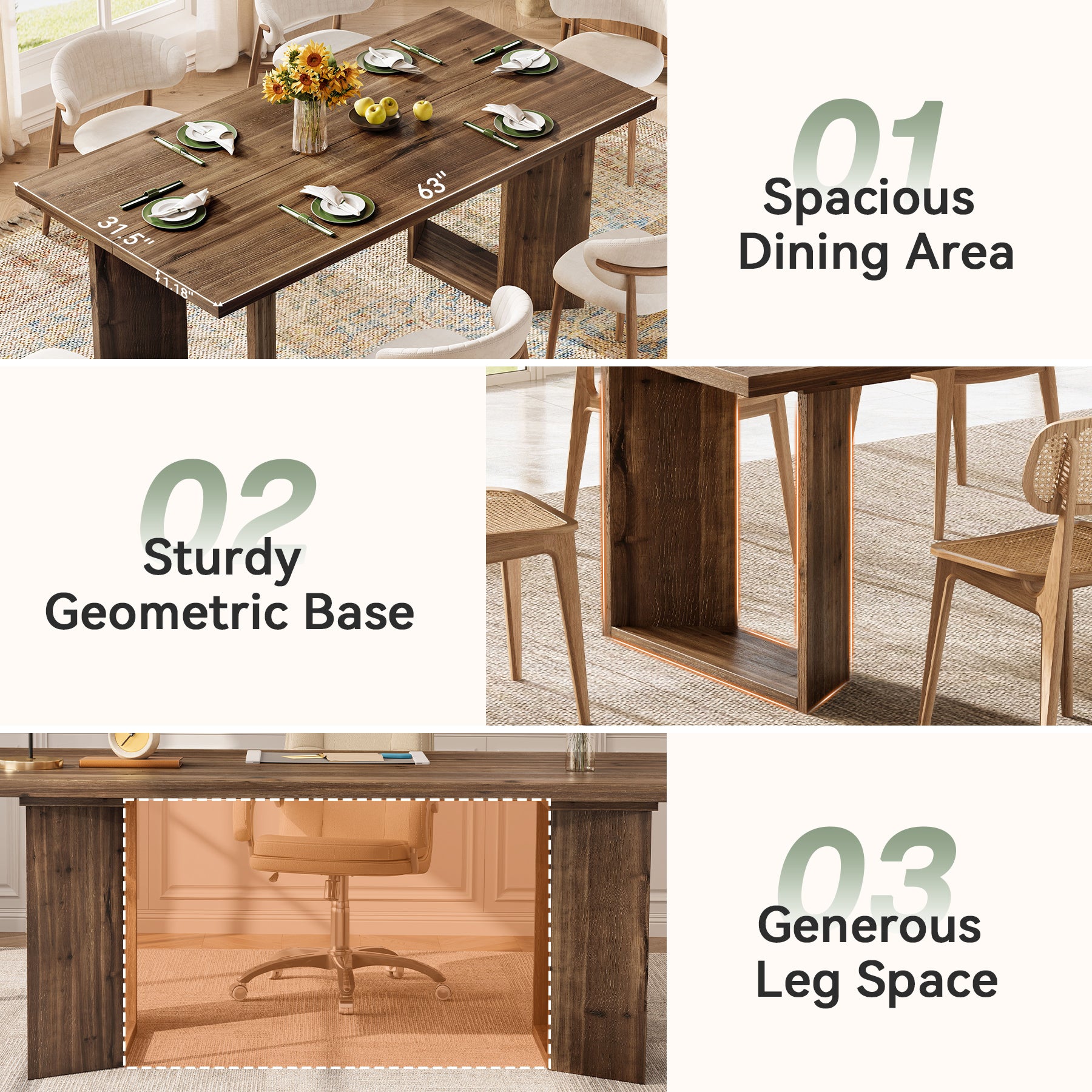 Tribesigns 63-Inch Solid Wood Dining Table for 4-6, Farmhouse Kitchen Table with U-Shaped Legs