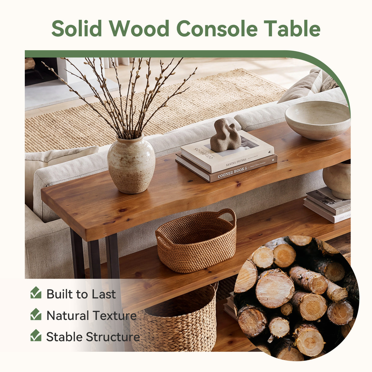 Tribesigns 63 Inch Solid Wood Live Edge Console Table with 3-Tier Shelves, Rustic Hallway Sofa Table