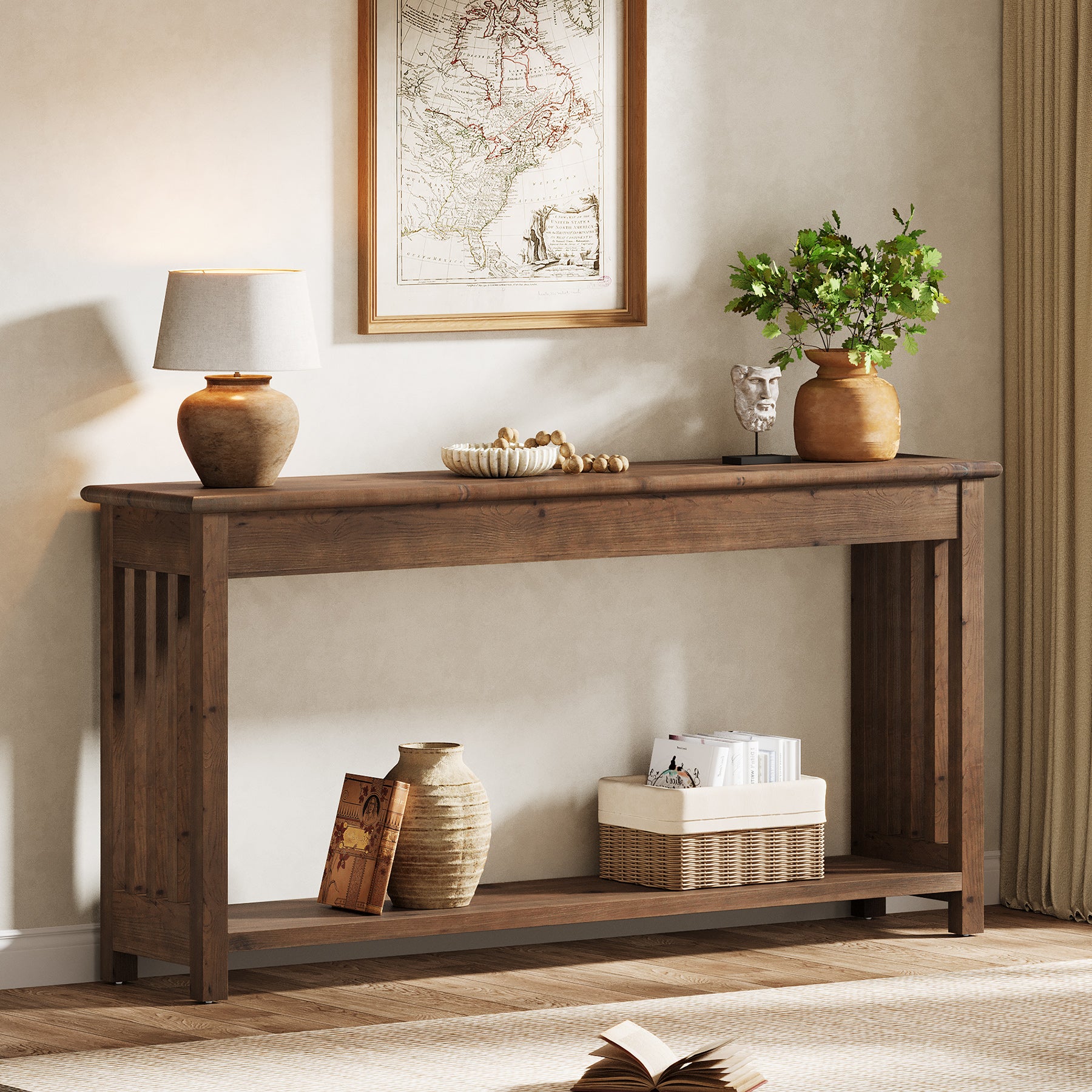 63-Inch Solid Wood Console Table, Farmhouse 2-Tier Entryway Sofa Table for Hallway