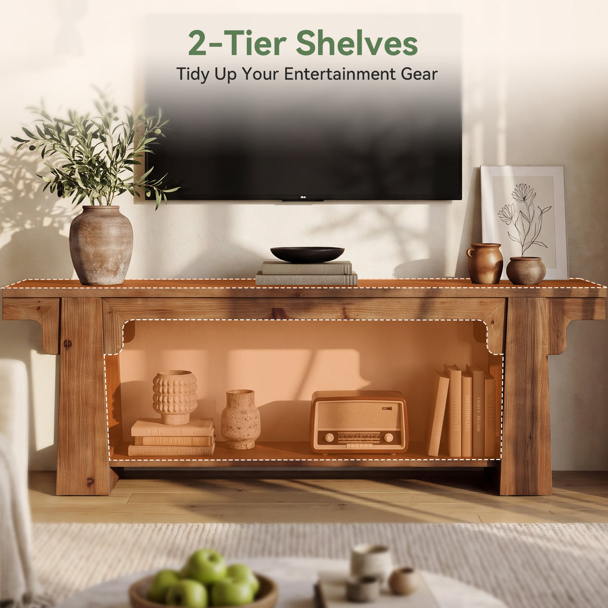 Tribesigns 63 Inch Solid Wood TV Stand with Curved A-Legs, Farmhouse Media Console for Living Room