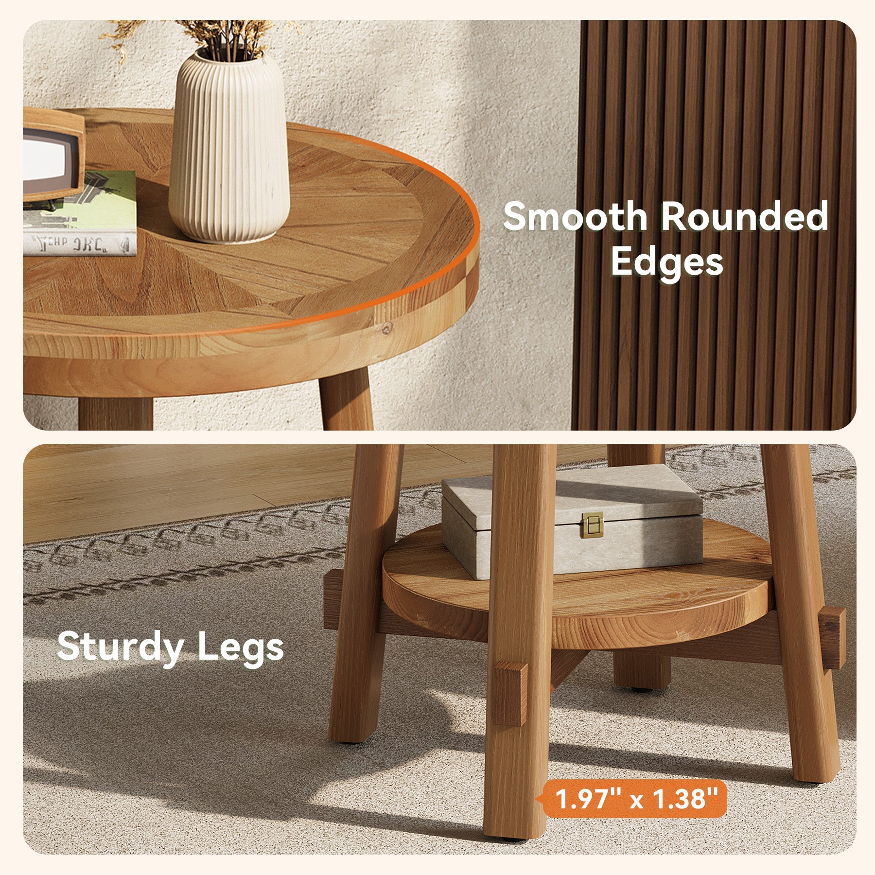 Tribesigns 19.7-Inch Solid Wood Side Table with 2-Tier Shelf, Round Farmhouse Table for Living Room