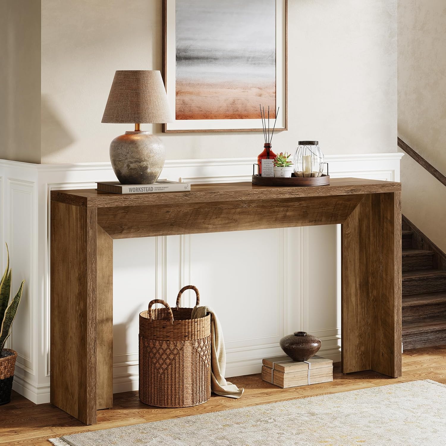 55" Farmhouse Console Table with Storage - Rustic Sofa Table for Hallway & Living Room